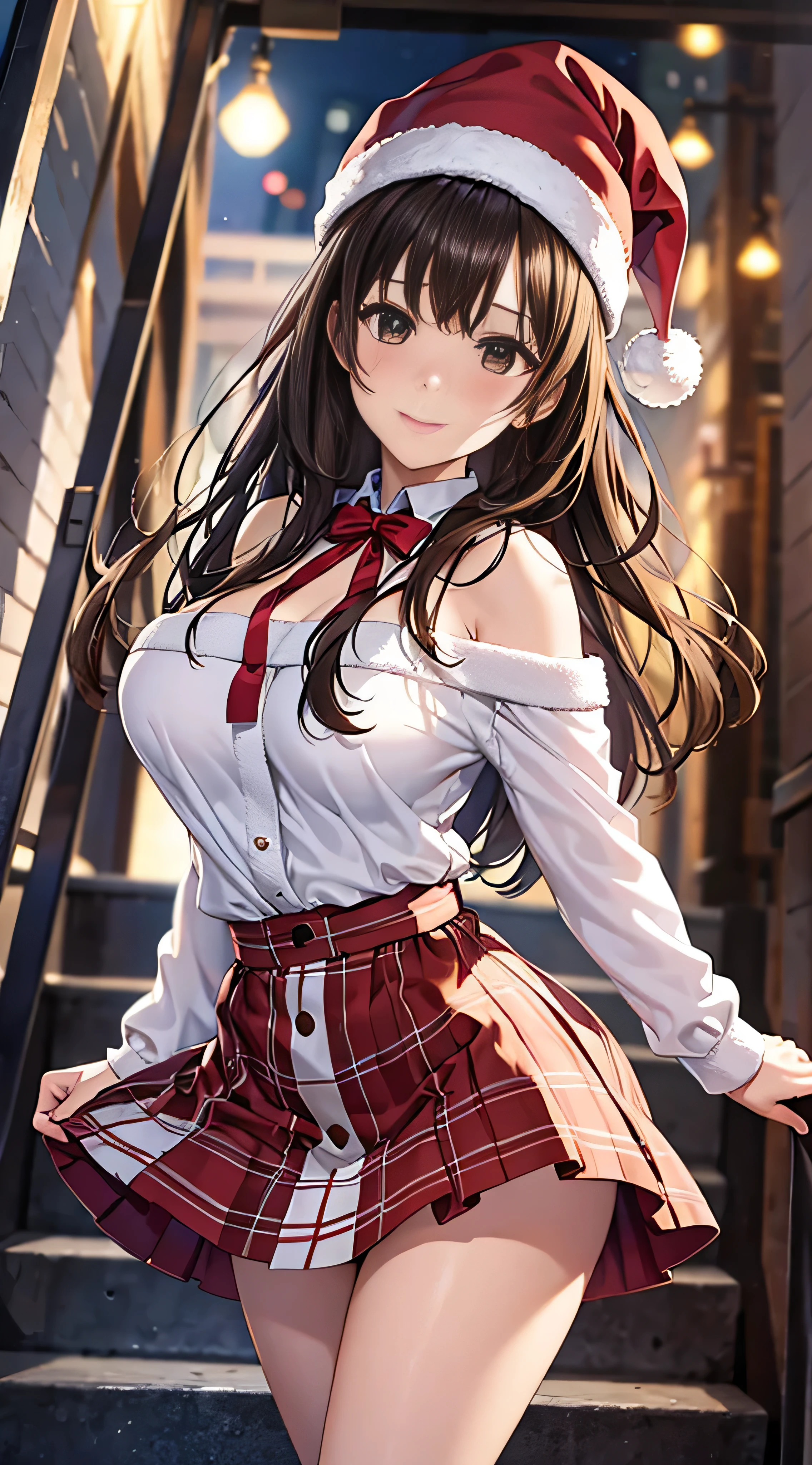 ((masutepiece, Best Quality, hight resolution, nffsw, Perfect Pixel, 4K, nffsw, nffsw))), 1girl in, Single, Solo, Beautie、full body seen、 ((Medium length wavy hair, Bangs, Brown hair)), ((Brown-eyed, Beautiful eyelashes, Realistic eyes)), ((Detailed face, Blushing:1.2)), ((Smooth texture:0.75, Realistic texture:0.65, Photorealistic:1.1, Anime CG style)), medium breasts, Dynamic Angle, Perfect body, (Santa Claus Costume、Red knitted hat、Red off-the-shoulder sweater、Long flared skirt)), Christmas Lights、Looking up from the bottom of the stairs、Very embarrassing panic smile、Open your mouth and make a surprised face、 turned around、bending forward、(The wind flipped my skirt and exposed my butt...............................................、stick out your butt、Touching the buttocks with both hands、White lace panties)、