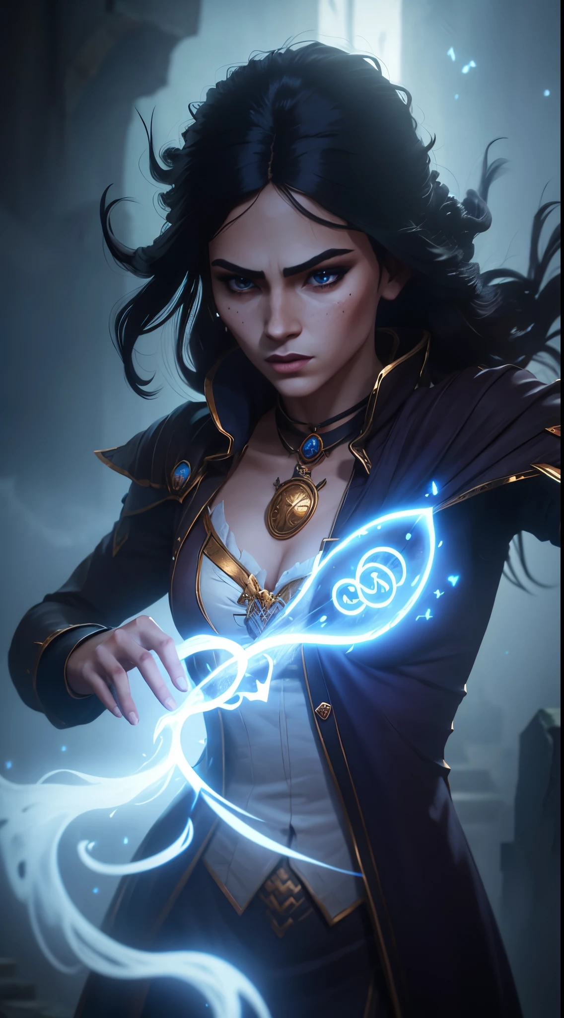 best quality, portrait, dark and mysterious, magical atmosphere, intense gaze, flowing hair, dramatic lighting, fantasy world, enchanting colors, spellcasting, witchcraft, intricate costume design, ancient ruins, mystical symbols, powerful sorceress, confident pose, smoky background, ethereal beauty, otherworldly charm, hauntingly beautiful, fierce and determined expression.