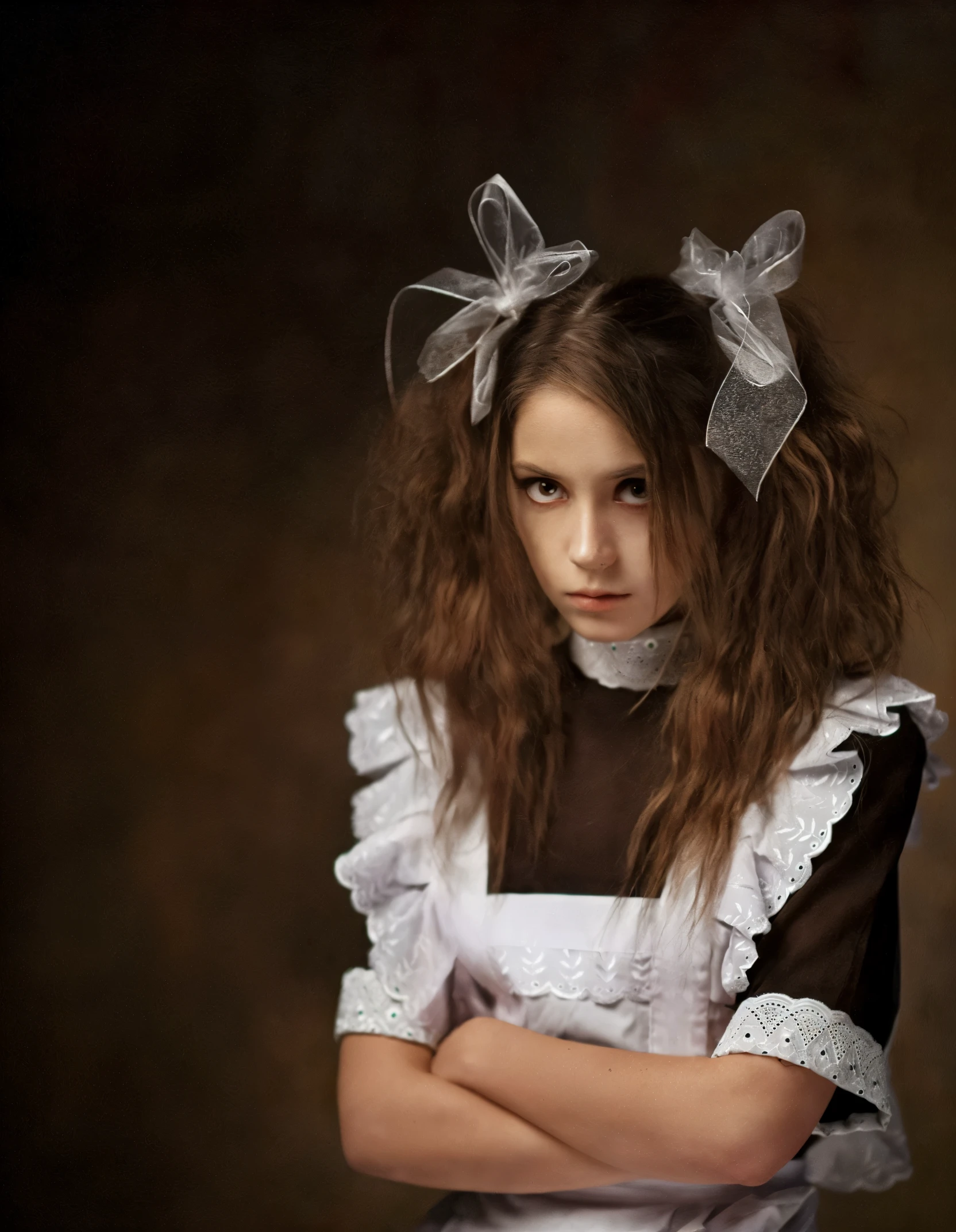 arafed woman in a maiden's outfit posing for a picture, maiden dress, Schoolgirl in a gothic dress, maiden, Young Victorian sad fancy lady, Portrait of Alice in Wonderland, gorgeous maiden, alexey egorov, Based on Irakli Nadar, portrait of radical lolita girl, loli, Frowning fashion model
