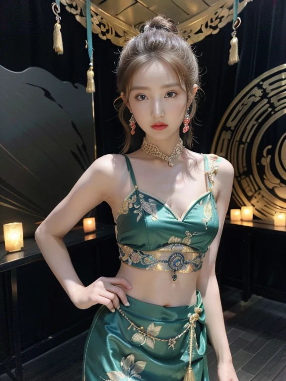 There is a woman wearing a Chinese dress, 27 years old, 28 years old, 29-year-old, 32 years old, Delicate makeup, Ye Wen, 23 years old, Round face, Cute Liane, Gold Tiara, Pearl Necklace, Brown Hair,Green eyes,Jade hairpin,Black color Micro pantie