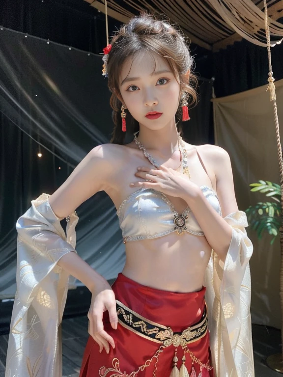 An ancient Chinese beauty,Dance,The ornate costumes are embroidered with intricate embroidery,A long colored streamer is tied around the arm,flowy,Open navel,cropped shoulderare neck,Yingluo,Black coiled hair bun hairpin hairband,The armband is tied with a streamer,Bracelet,Anklets,A metal chain tassel is tied around the waist,Mogao Cave Art,Inspiration for the Dunhuang flying mural,water ink,CGstation is popular ,NSFolden decoration,nipple tassels,Show your toeull bodyesbian --v 6