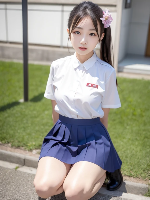 highest quality、High level image quality、high detail、8k、1、very cute、beautiful girl、god々々right、cute like an angel、Big eyes、Glamorous Girl、Fluffy smile、150cm、Jacket White Polo Shirt、red tie、Red hanging skirt、Red Salopette、red suspenders、black haired、Very short birdtail、Very small twin tails、the tail is short and small、amount、((skirt lift))、Carrying a red school bag、red school bag、Put a whistle in your school bag、左手からright手へThe wind is blowing、strong wind is blowing、Likely to be blown away by the wind、It&#39;s windy、The wind is blowing、skirt fluttering in the wind、foot height々Raise and walk、outside the house、school zone、return home、sunny day、Dove walking in the background、Dove on background、White Hiace on background, NSFW,