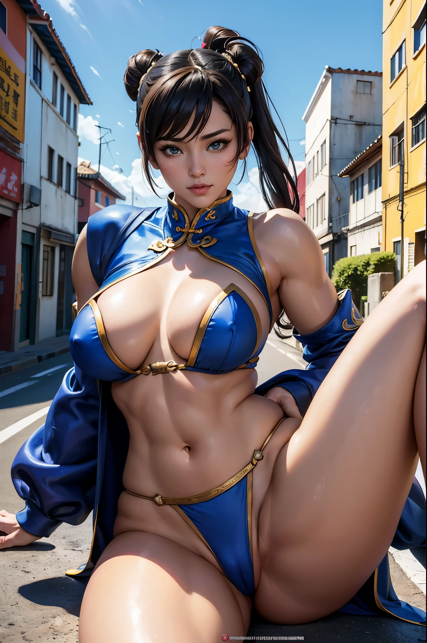 Foto  realista, ((mulher baseada na personagem chun li)), seios longos grandes nu, mamas gigantes, chun-li musculosa nua, arte marciais, cena de luta mostrando pelos pubianos, Legs wide,  medium hips, ((ultra realista)), TM Ninja branco, Icons, cores vibrantes, estilo vetorial, arte digital, 8k, detalhes intrincados, hipnotizante, feito profissionalmente, beautiful vector illustration, 12k resolution, ..3d, todos os caracteres detalhados em comprimento total, ((altamente detalhado)), ((vibrante)),((Ultra alta qualidade)), ((hiperrealismo)), ((fotorrealismo)), [octan rendering] , na cidade, muitos carros (realista), ultra detalhes, acesorios, erotic, chun-li olhar sereno, rosto perfeito detalhado, olhos verdes, (chuta abrindo as pernas ao maximo, mostrando  pornografia), kicking high in the air, outside in a chinese street