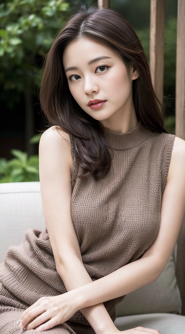 dark brown hair、Light brown eyes、The face of the Japan actress、 Lady、looks like him&#39;i&#39;i&#39;i&#39;i&#39;i&#39;i&#39;i&#39;i&#39;おっぱi&#39;I&#39;m about 40 years old、(intricate-detail:1.2)、(top-quality:1.4)、 (超A high resolution:1.2)、超A high resolution、(A detailed eye)、(detailed facial features)、nffsw、8K resolution、D-cup size breasts、length hair、i&#39;i&#39;i&#39;i&#39;i&#39;i&#39;i&#39;おっぱi&#39;m sitting comfortably on a sofa on the quiet terrace of a cafe..、Relaxing、Leaning on the backrest、High neck sleeveless knit、brack　trouser、