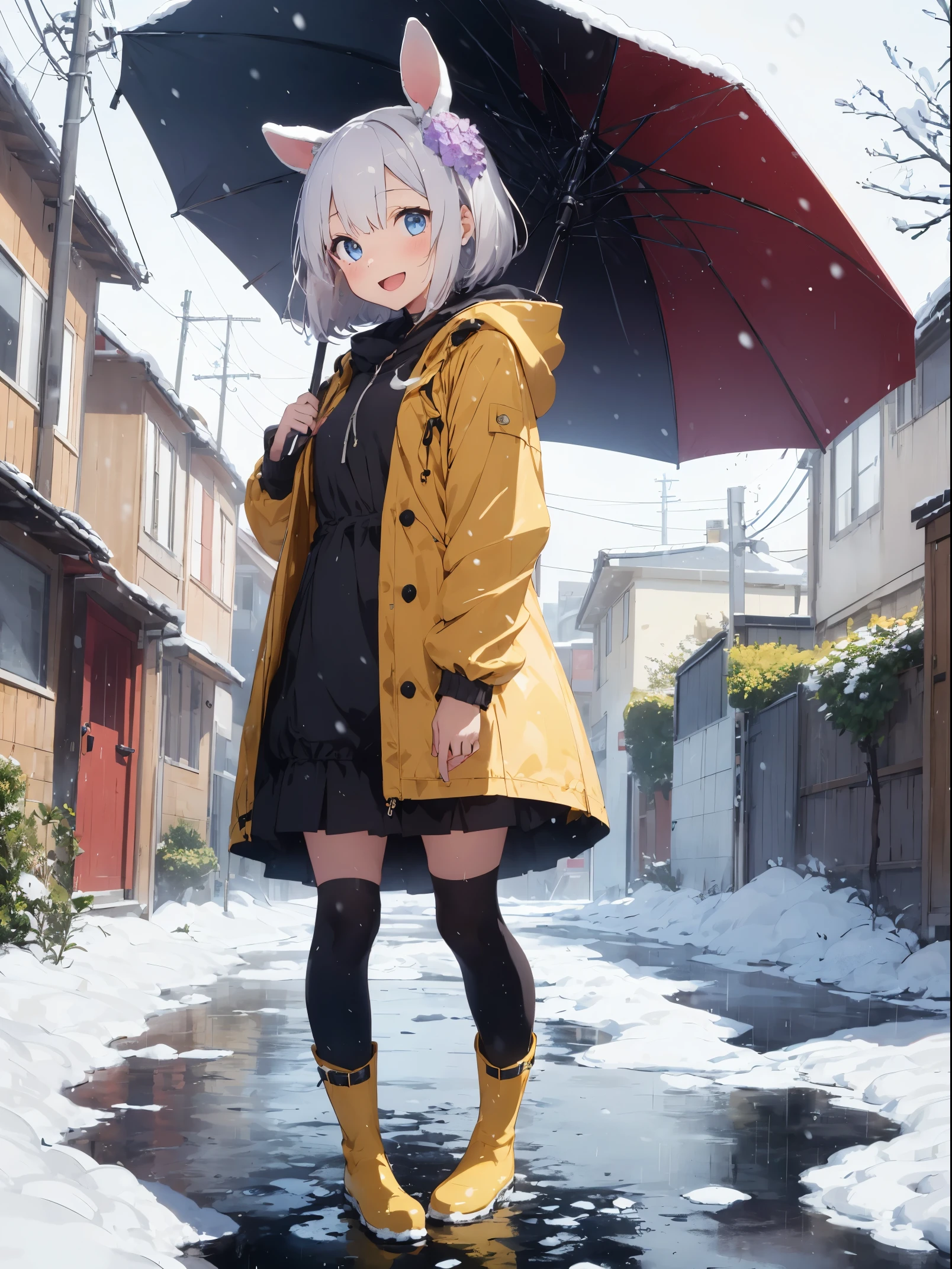 1girl in,RainBow,Raincoat,yellow Raincoat,rubber long boots,hyDrangea,flower,Long hair,Twin-tailed,long boots,blush,umbrellas,Open mouth,Hair Ornament,white backgrounD,hooD,Solo,Terubozu,very Long hair,hooD up,Long sleeves,low Twin-tailed,Bow,Bangs,Smile,animal hooD,Blue eyes,Rabbit,closeD umbrellas,puDDle,full boDy,:D,Snail,Yellow footwear, backgrounD,pink flower,stanDing,leaf umbrellas,holDing umbrellas,fooD-themeD Hair Ornament,hair Bow,animal ears,holDing,blonDe hair,hair flower,Rain,animal,white  hair、Light purple eyes、Bob Hair、a smile、purple raincoat、(((Heavy snow falls)))