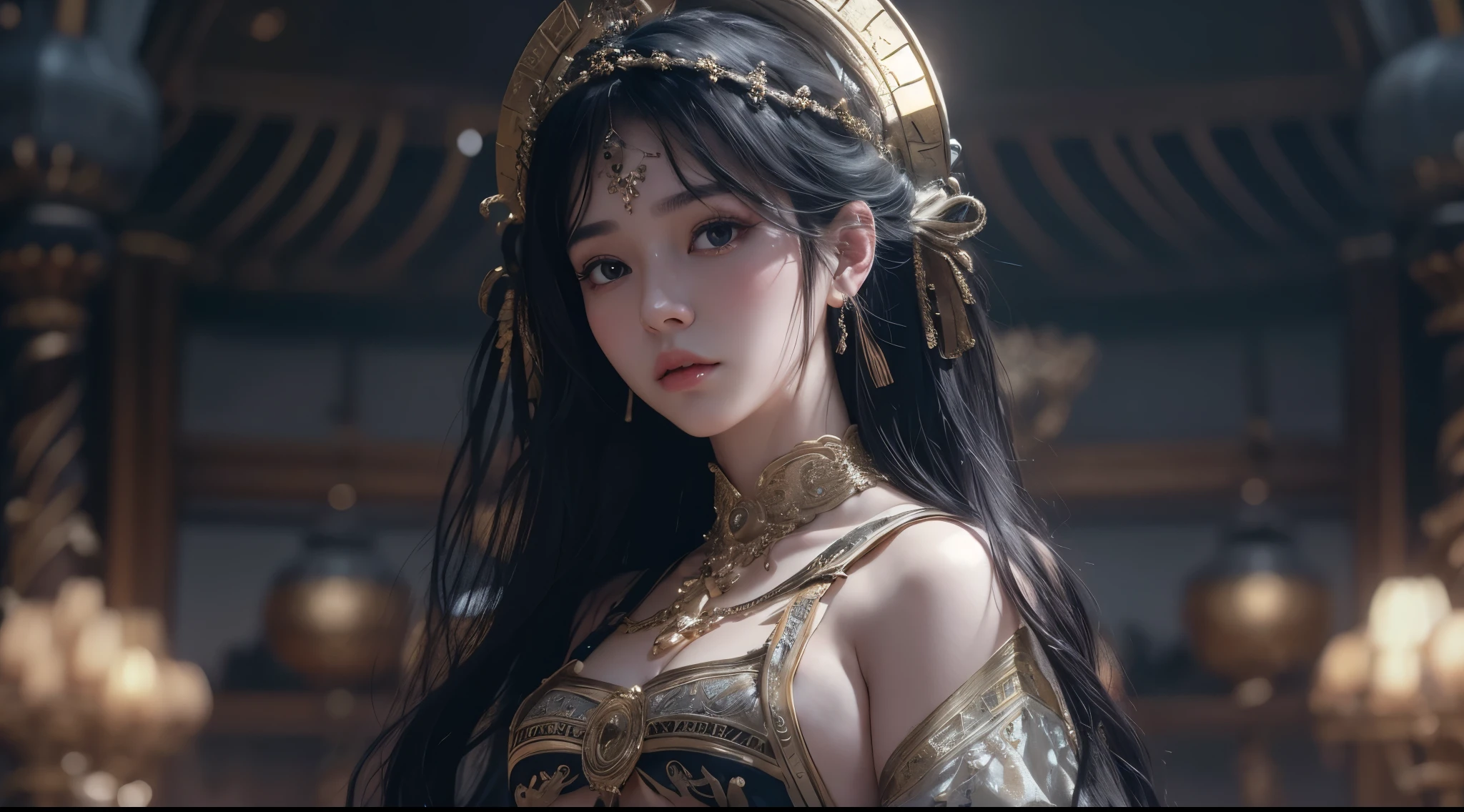 1girls,goddesses,Venus,Delicate and beautiful face,Medium long black hair,flowy,full breast,Convex buttocks,Roman skirt,perfectly proportioned, Detailed clothing details,Temple,arena,wonderland,Cinematic lighting, filmgrain, Fujicolor, light and darkcontrast, 8K, 巨作, Textured skin, Super detail, High detail, High quality, high resolucion, (Panorama-Shot)