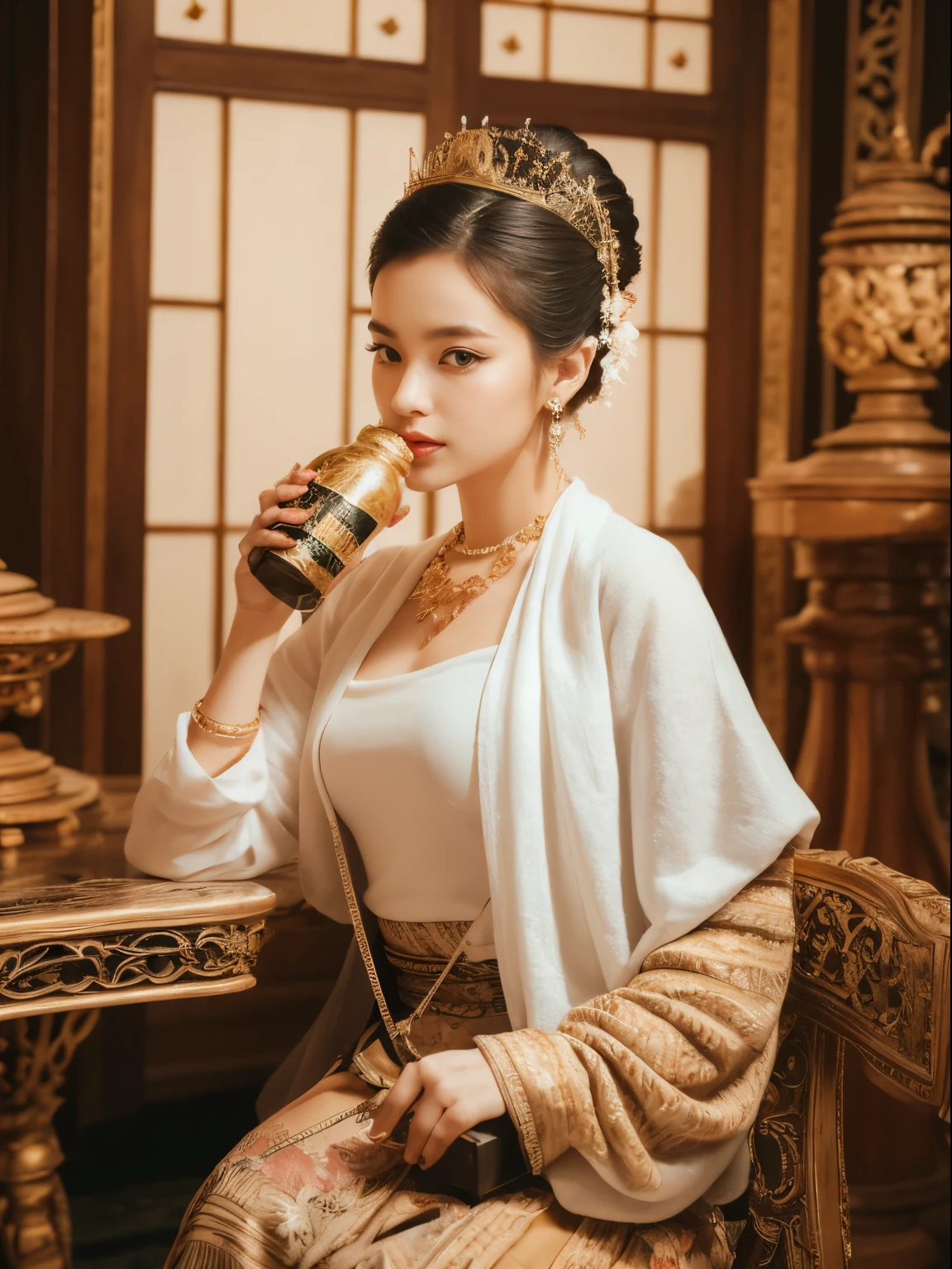 MMTD Watercolor painting of a royal queen in a Burmese pattern.,All body details, fine face, Fair-skinned, Traditional gold and red ceremonial robes, Wear Parel necklace and earrings,Traditional bun hairstyle with tiger flower,long scarf on shoulder, Sit on an antique gold throne by a traditional wooden window in the palace room., Look into the camera with a stunningly powerful look.,The sun shines on the face and body. It creates beautiful shadows and reflections.,long scarf on shoulders,traditional water bottle , Cups on a tray on a nearby classic table., best composition, full picture coverage, best composition, The best color separation,Cenimatic lightning and ultra-realistic details, Octane Rendering, crisp focus, unreal engine,32K HD resolution, Masterpiece of painting , Award-winning images, perfect anatomy