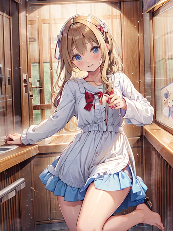 Cute blonde wavy hair, medium bob, long hair and blue eyes.１０歳の女の子でteens girlがノーパンでtoilet roomで便座に座り足を大きく広げておしっこをして笑顔で手でおマンコを広げて胸を出してパンツを履いてなくてアナルを見せてる。Clothes are taken off。Showing your。pussy is wet and spread。the pants are on the legs。Taking off your pants。is visible。legs up and wide open。Spreading your。lolita。fullnude。toilet room。SEX。NSFW。teens girl。