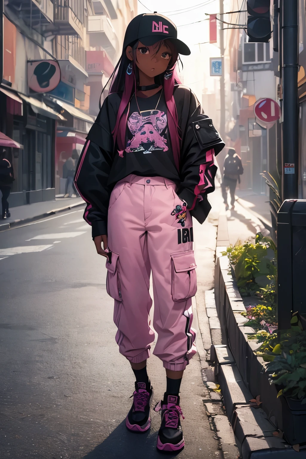 (masterpiece:1.4), 1girl, Streetwear,cargo pants, street, (masterpiece, best quality, highres, ultra detailed ), night, depth of field, absurdreasterpiece:1.4), ultra-detailed, 1girl, dark-skinned, stand up, black and pink, tattoo, long darkpink maroon wildly hair with white streaks