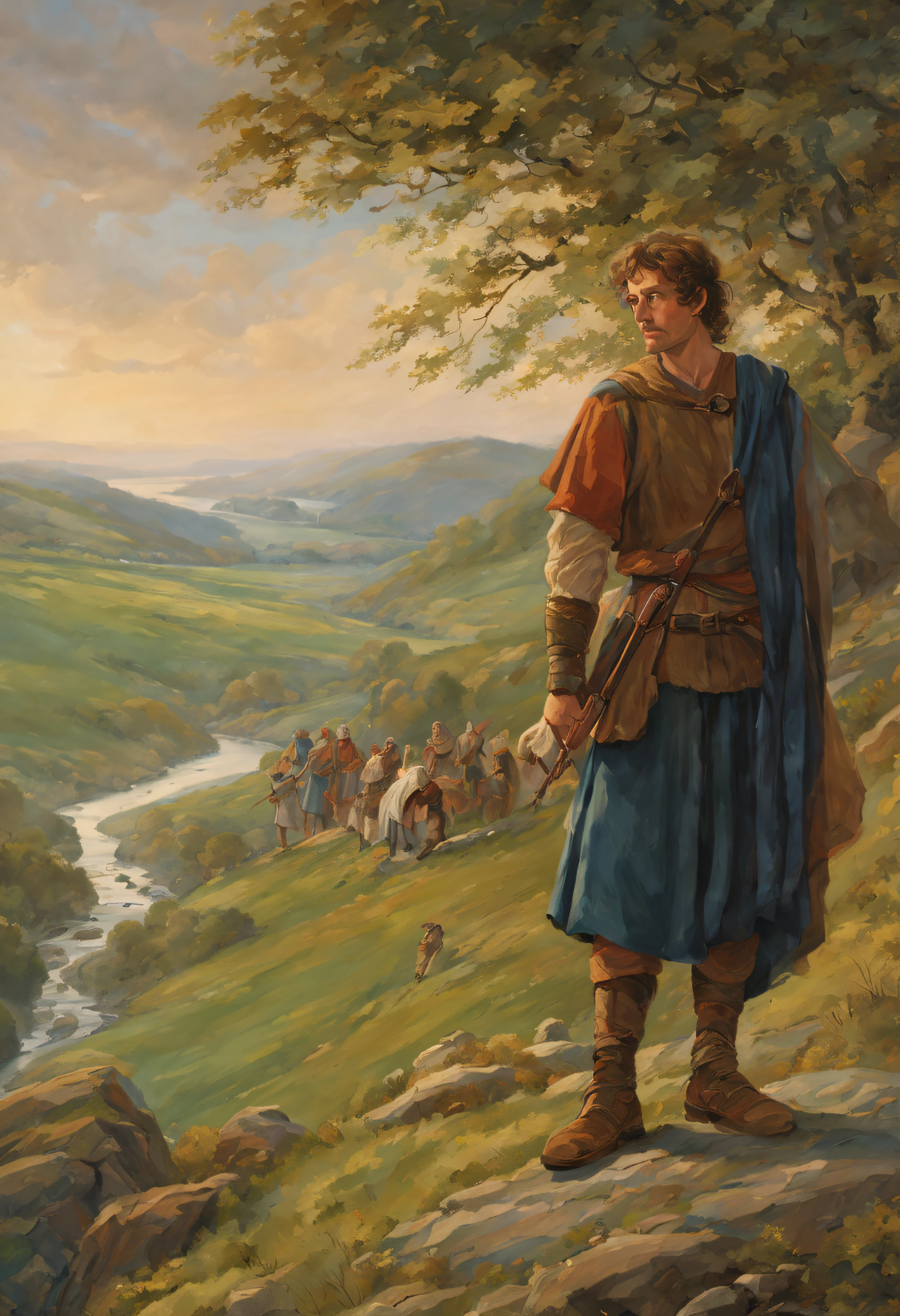 Year: 1270

Scene: In the misty Scottish Highlands, the sun sets behind rolling hills. A young William Wallace, his fiery spirit evident, stands atop a rocky outcrop, overlooking a village nestled in the valley. People till the land, while children play near a babbling brook.

Clothes: William wears a simple homespun tunic, its earthy colors mirroring the landscape. Villagers don attire of varying hues, from faded greens to deep browns, denoting their roles and status.

Expression: Determination etches William's face, his gaze fixed on the horizon, dreaming of a fairer world. Villagers nearby carry expressions of quiet perseverance, hope mingled with weariness.