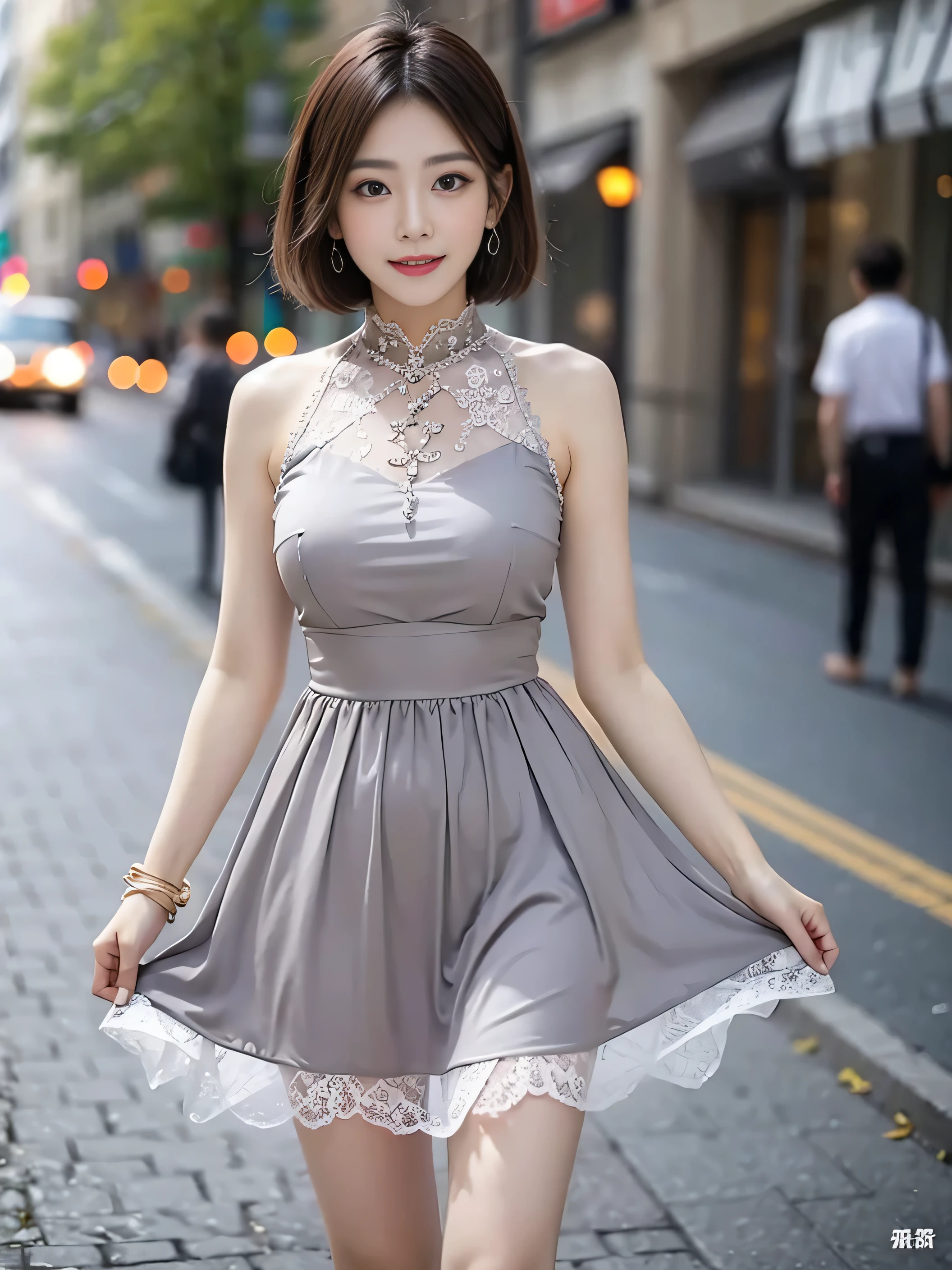 Woman posing on street corner wearing sheer lace dress, top quality, girl one, big breasts, sun, bright, blurred background, bokeh, outdoor, (street: 0.8), (people, crowd: 1), (cropped with lace) dress: 1.5, sleeveless dress, full body, light grey color clothes, light gray color high neck dress: 1.2, light gray color dress: 1.5), gorgeous ( Short hair, forehead: 1.2), sagging eyes, sky with beautiful details, earrings, (upper body: 0.8), soft lighting, wind, shiny skin, smile