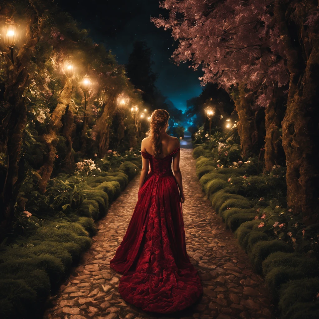 1 girl "Elsa de frozen com vestido vermelho vinho", a view of a path with a path leading to a garden with trees and flowers, Jardim encantado, fantasy gorgeous lighting, paisagem natural noturna, enchanted magical fantasy forest, Wonderland at night, very magical and dreamy, caminho, Lovely lighting, magical ambiance, paisagem lindamente iluminada, foto muito bonita, magic lighting, belo jardim, papel de parede bonito, magical ambiance