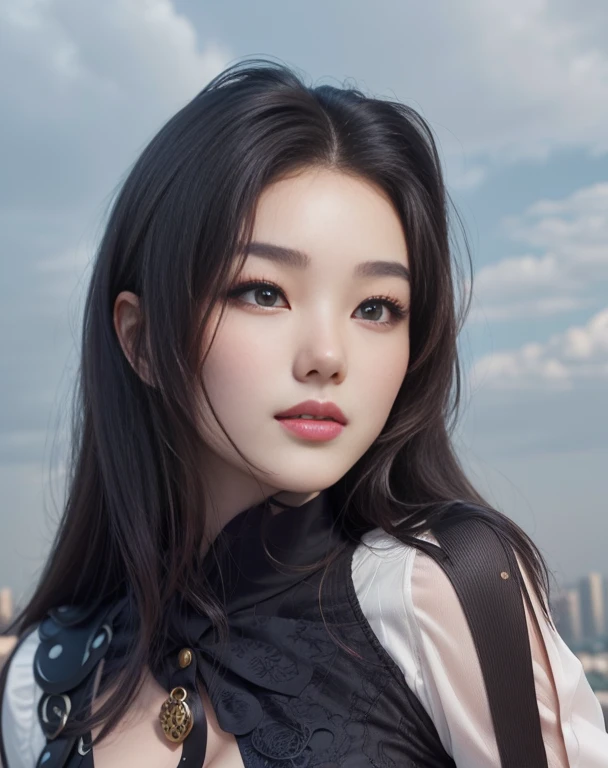 8k, high res, HQ, UHD, (photorealistic:1.4), masterpiece, hyper-realistic detailed photography of (beautiful korean girl), your_love, (kim you-jung:1.5), (wearing button blouse:1.3, long sleeve), 23 years old, (dynamic pose:1.4), (wonderful skyscape, clouds, cityview), slim fit body with a bit sweat, look at me, big boobs, sexypose, sagging breast, detailed body feature, proportional perfect body, petite posture, detailed perfect hand, good hand, clear bright skin, lustly look, symmetricaly face, perfect face feature, detailed face, Intricate detailed grey blue eyes, detailed perfect lips, a tiny mouth, detailed brunette hair, style with bang, perfect composition, dynamic lighting, summer atmosphere, natural blue colors, wide angle shot, seen from below, focus on face, dramatic lighting, photon mapping