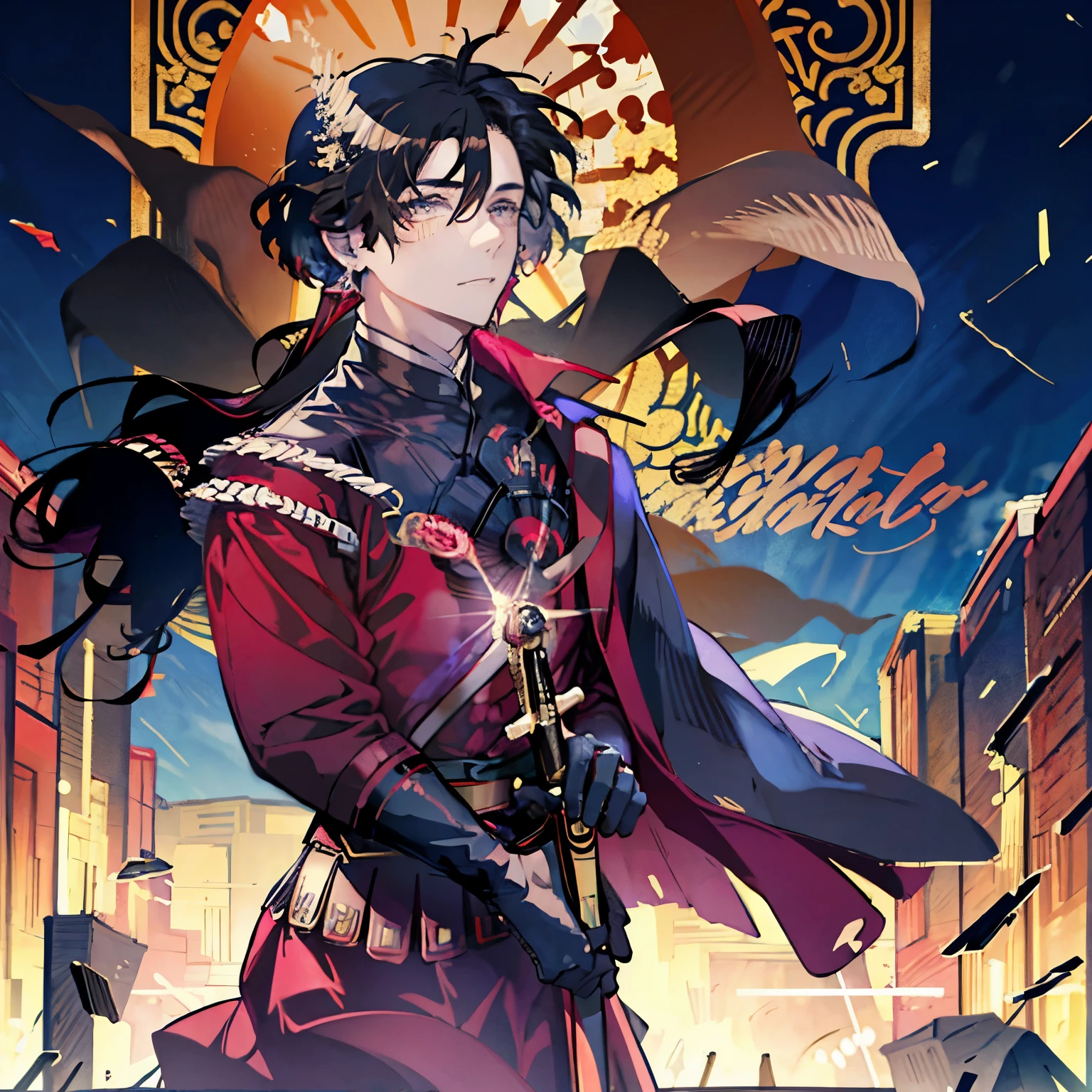 Anime character wearing a kimono costume in front of a building, ((wearing aristocrat robe)), male people、a handsome man,Best Quality、masutepiece、 in a kimono, wearing a haori, inspired by Masanobu Okumura, hijikata toushirou, in a kimono, jpn,Red earrings、 wearing black robe、Taisho Era、Taisho Modern、Byzantines、rome