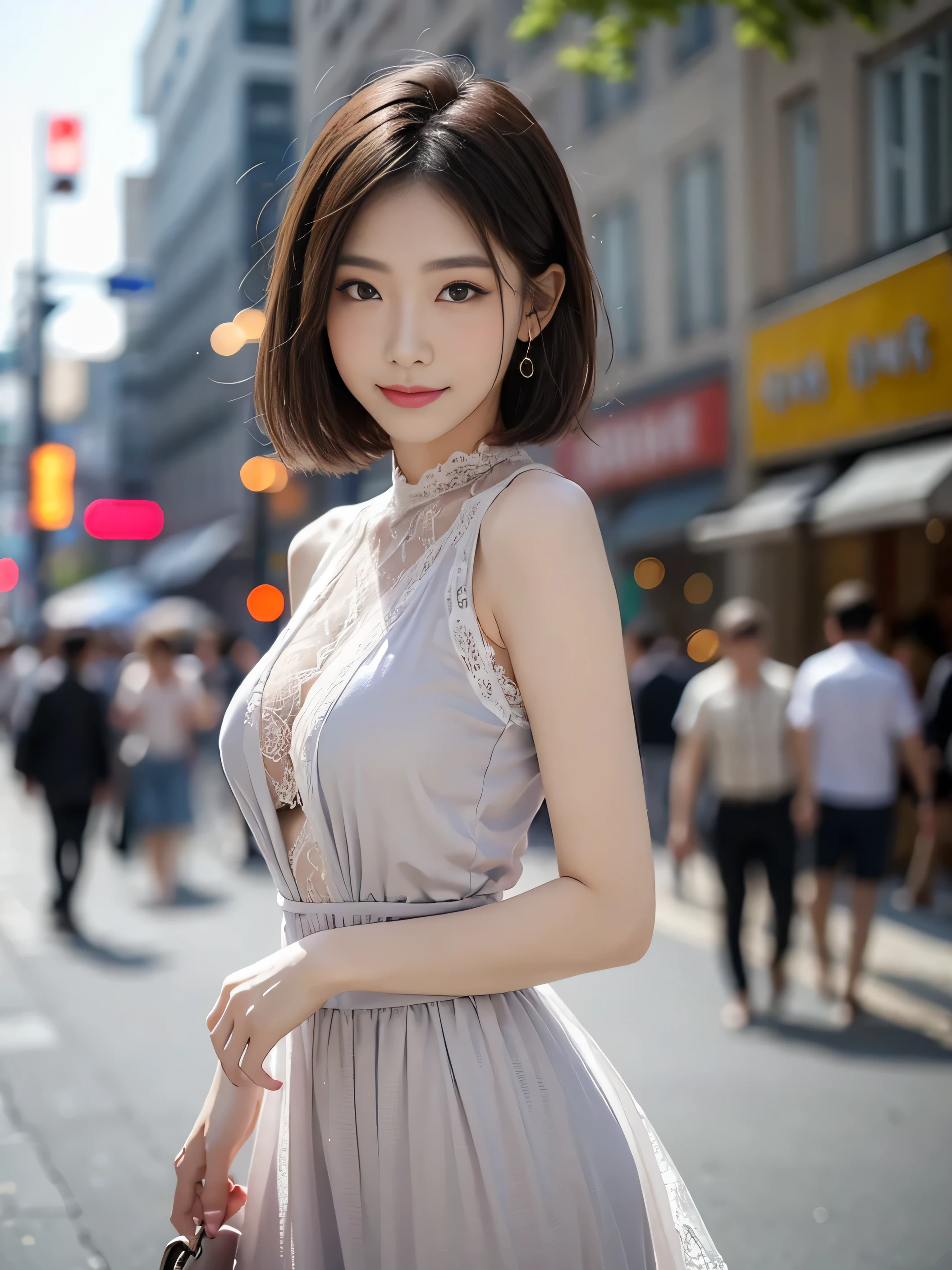 Woman posing on street corner wearing sheer lace dress, top quality, girl one, big breasts, sun, bright, blurred background, bokeh, outdoor, (street: 0.8), (people, crowd: 1), (cropped with lace) dress: 1.5, sleeveless dress, full body, light grey color clothes, light gray color high neck dress: 1.2, light gray color dress: 1.5), gorgeous ( Short hair, forehead: 1.2), sagging eyes, sky with beautiful details, earrings, (upper body: 0.8), soft lighting, wind, shiny skin, smile