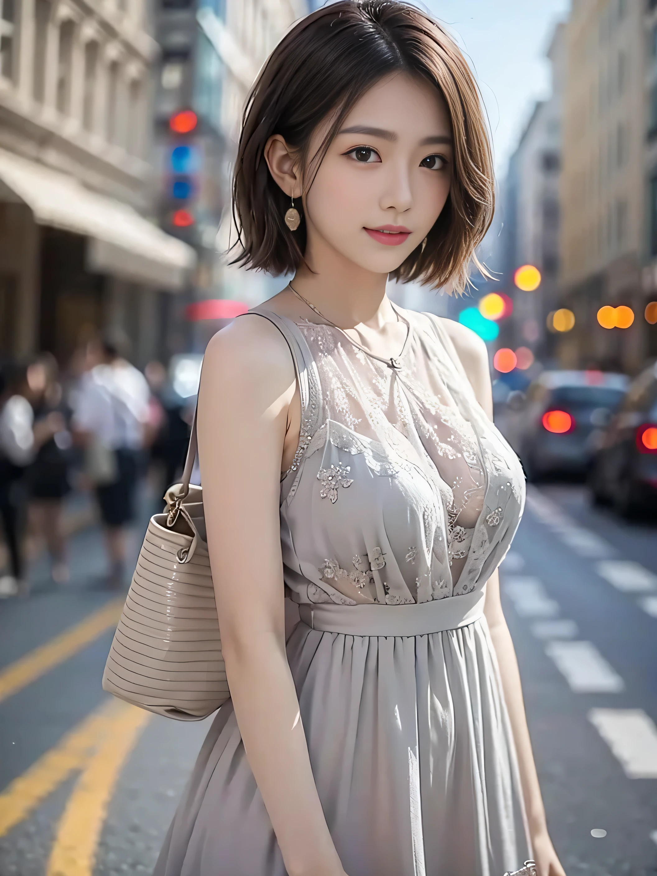 Woman posing on street corner wearing sheer lace dress, top quality, girl one, big breasts, sun, bright, blurred background, bokeh, outdoor, (street: 0.8), (people, crowd: 1), (cropped with lace) dress: 1.5, sleeveless dress, full body, light grey color clothes, light gray color high neck dress: 1.2, light gray color dress: 1.5), gorgeous ( Short hair, forehead: 1.2), sagging eyes, sky with beautiful details, earrings, (upper body: 0.8), soft lighting, wind, shiny skin, smile