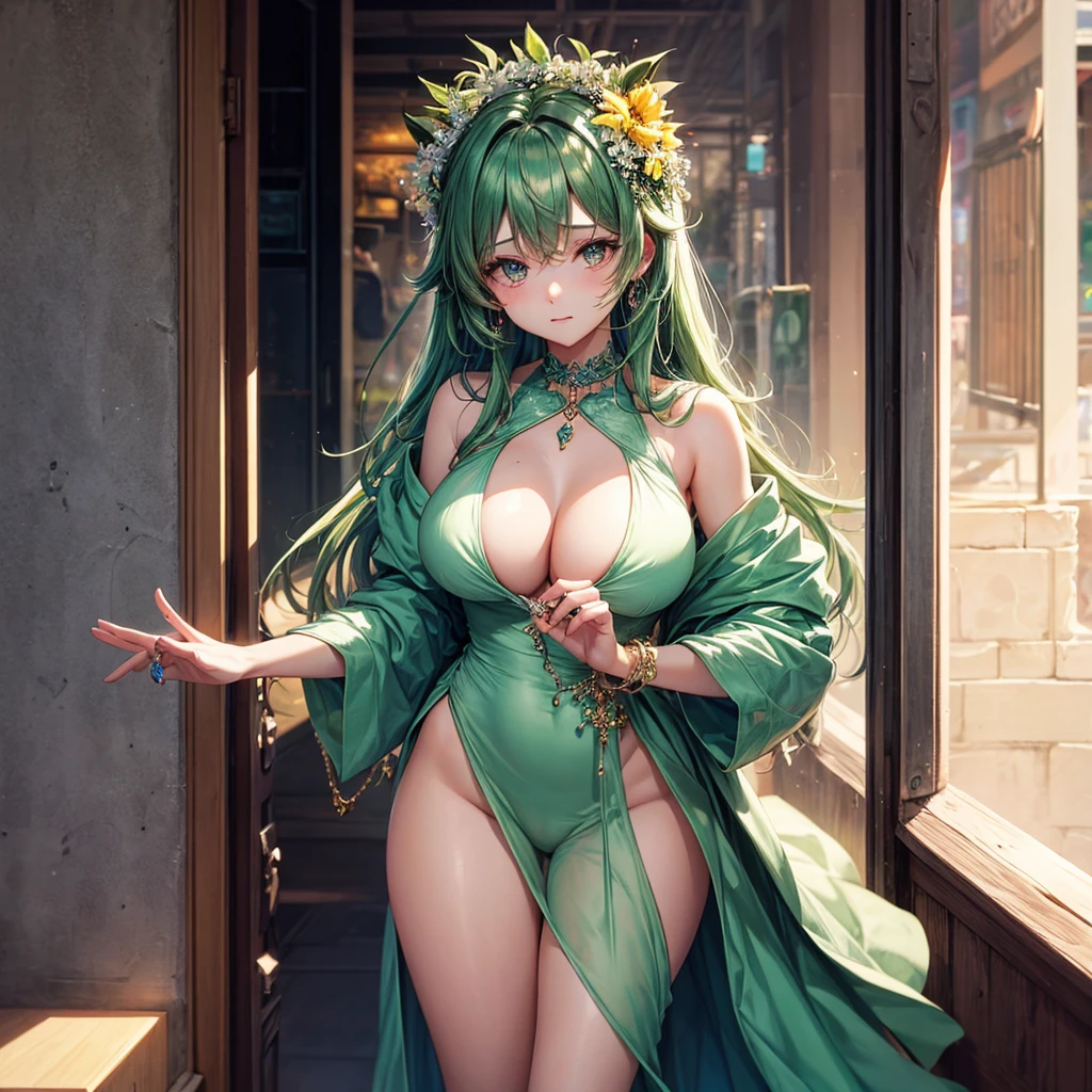 1girl in、Green hair、green white dress、jewely、see -through、see the beholder、hair adornments、a choker、full of shyness、 (​masterpiece、top-quality、top-quality、Official art、Beautifully Aesthetic:1.2)、ighly detailed、colourfull、highestdetailed、 (Colossal tits:1.2、)The upper part of the body、(frombelow)、cammel toe、skirt rift、 城市、a street、suns、云、walls、leaning、鎖骨、thighs thighs thighs thighs、(((produce jewelry))), Ayleid of Veld, Veld s eyes have legs, Pick up the dress with both hands,