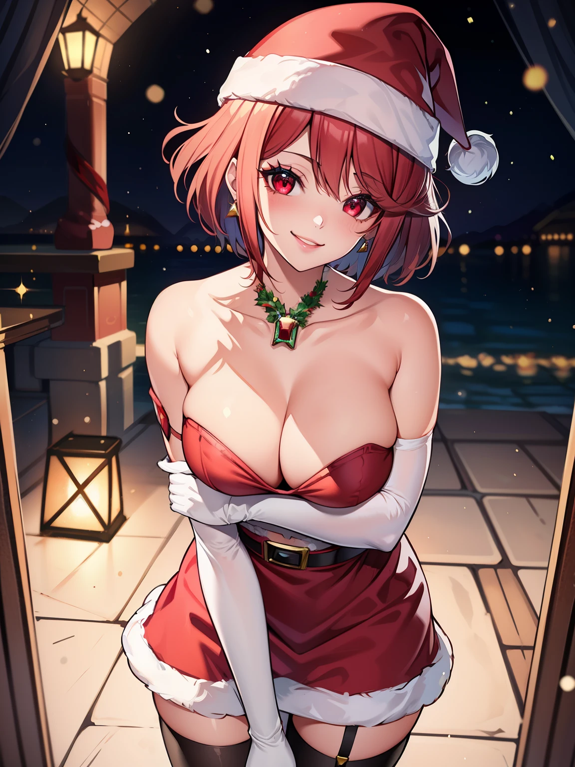 1girl, solo, masterpiece, best quality, high res, highly detailed, (illustration), beautiful detailed eyes,pyra red eyes ,glossy lips, makeup, smile, long white satin elbow gloves, cowboy shot, (santa), red santa dress, santa hat, strapless dress, full body, white elbow gloves