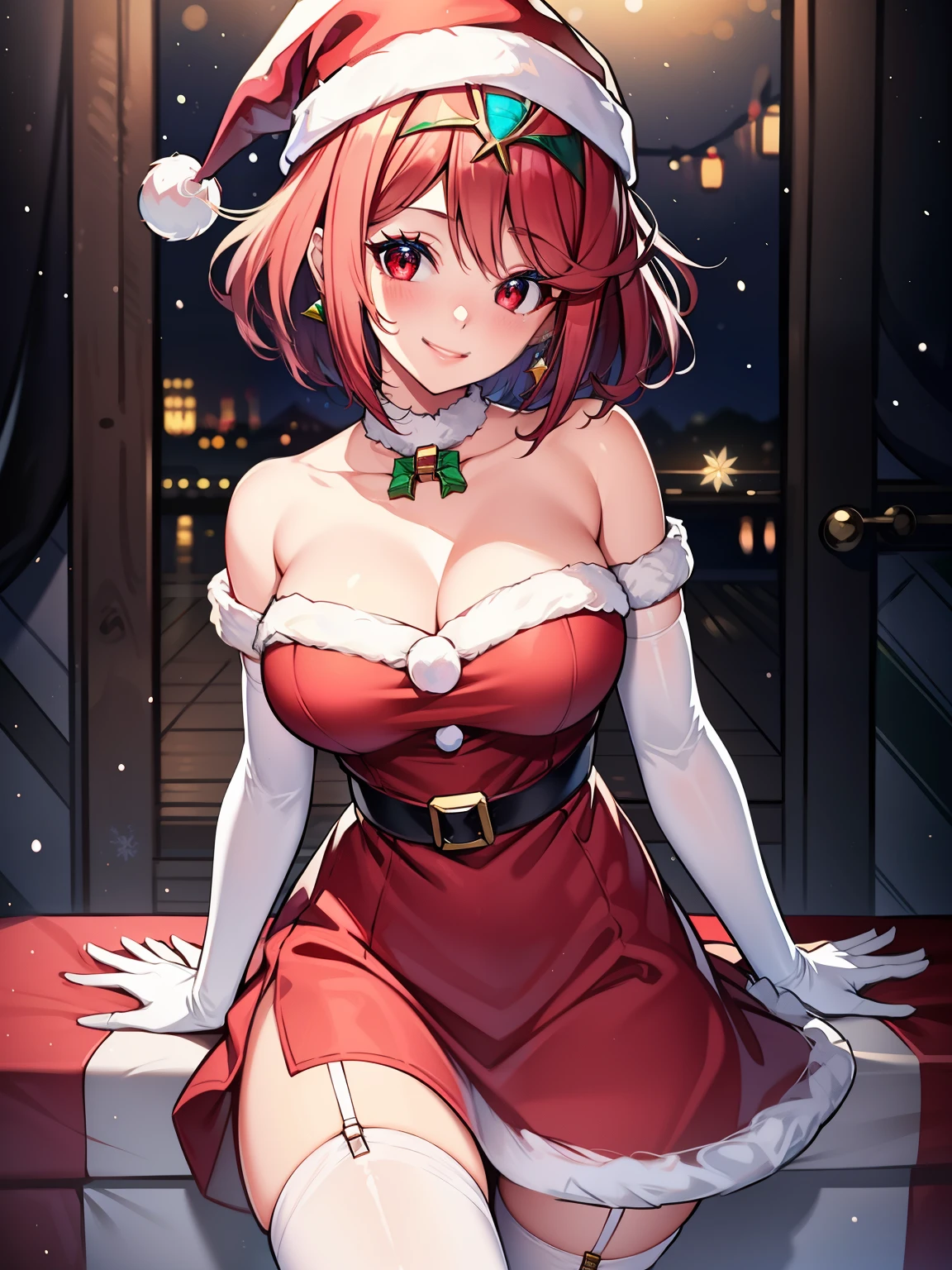 1girl, solo, masterpiece, best quality, high res, highly detailed, (illustration), beautiful detailed eyes,pyra red eyes ,glossy lips, makeup, smile, long white satin elbow gloves, cowboy shot, (santa), red santa dress, santa hat, strapless dress, full body, white elbow gloves