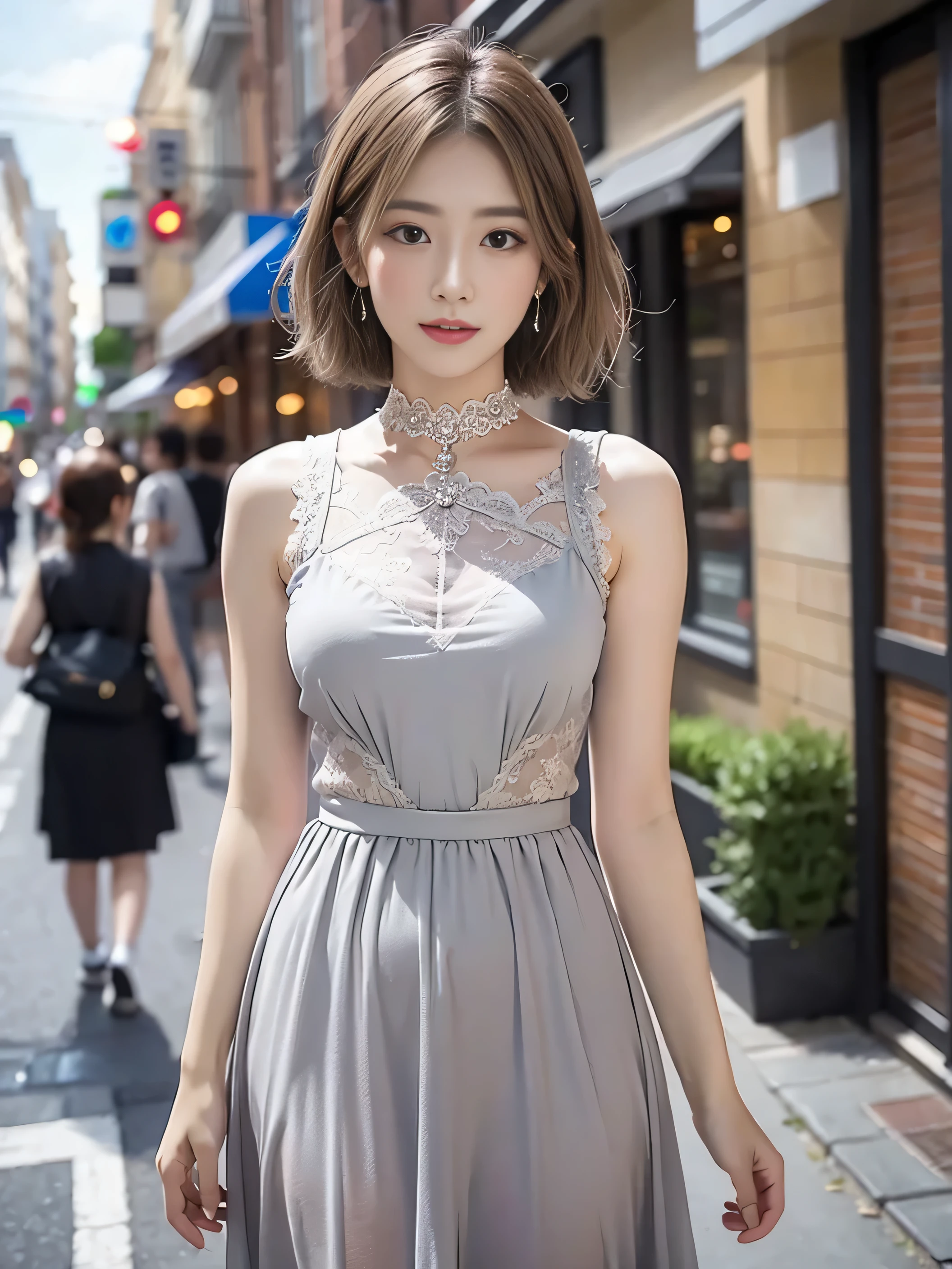 Woman posing on street corner wearing sheer lace dress, top quality, girl one, big breasts, sun, bright, blurred background, bokeh, outdoor, (street: 0.8), (people, crowd: 1), (cropped with lace) dress: 1.5, sleeveless dress, full body, light grey color clothes, light gray color high neck dress: 1.2, light gray color dress: 1.5), gorgeous ( Short hair, forehead: 1.2), sagging eyes, sky with beautiful details, earrings, (upper body: 0.8), soft lighting, wind, shiny skin, smile