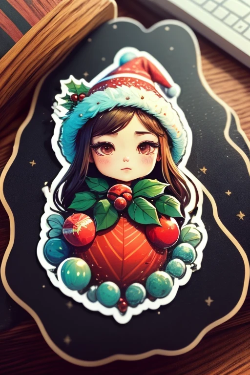 Sticker design, christmas Sticker, 1girl, Christmas hat, by Chen Longque, enhance, intricate, (masterpiece, Representative work, official art, Professional, unity 8k wallpaper:1.3)