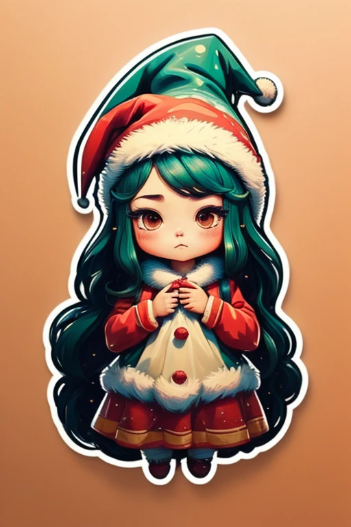 Sticker design, christmas Sticker, 1girl, Christmas hat, by Chen Longque, enhance, intricate, (masterpiece, Representative work, official art, Professional, unity 8k wallpaper:1.3)