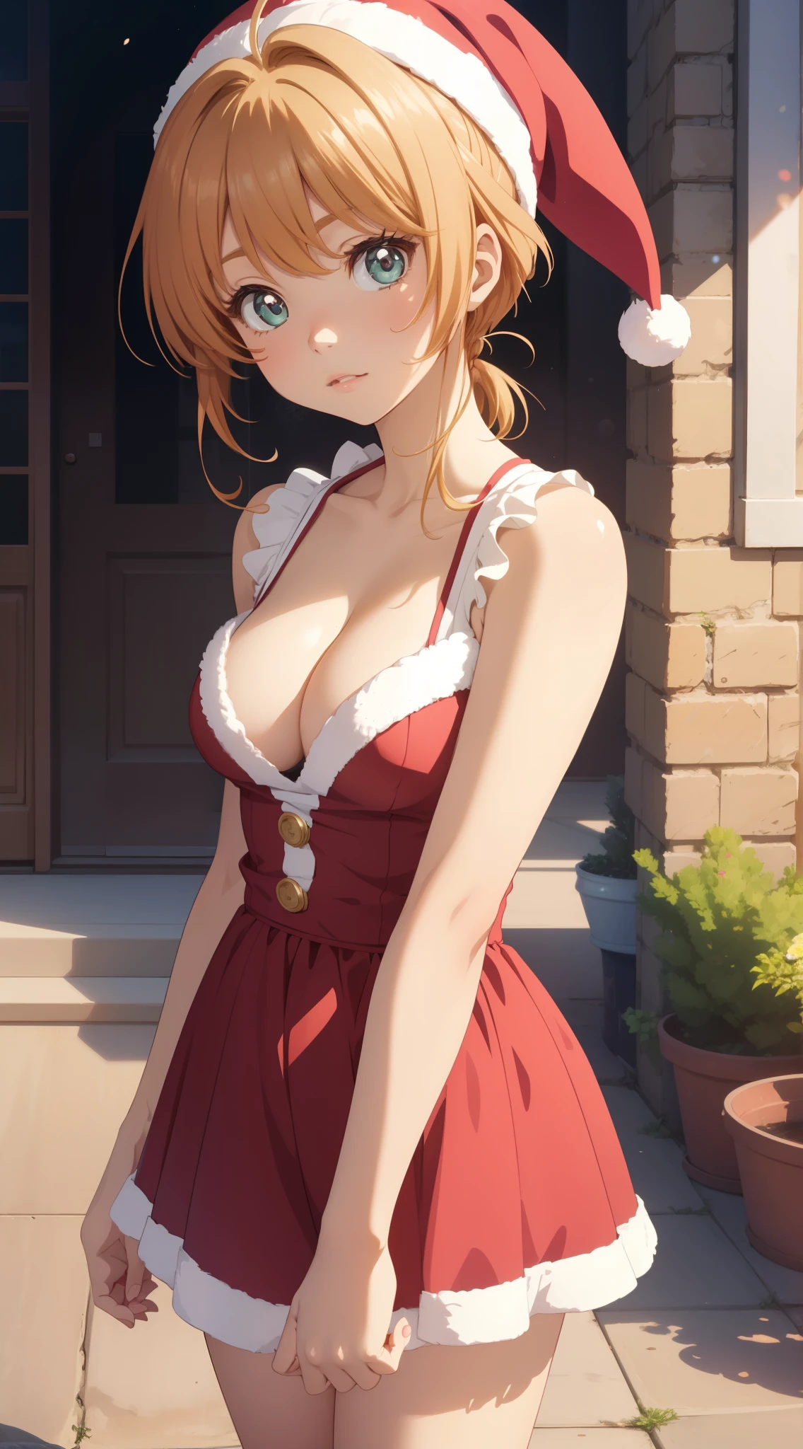 masterpiece, best quality, highres, perfect pixel, depth of field, 1girl, single, solo, beautiful anime girl, beautiful artstyle, detailed face, anime CG style, (medium breasts), good lighting, perfect body, (sakura kinomoto), glossy lips, cleavage, santa, cowboy shot