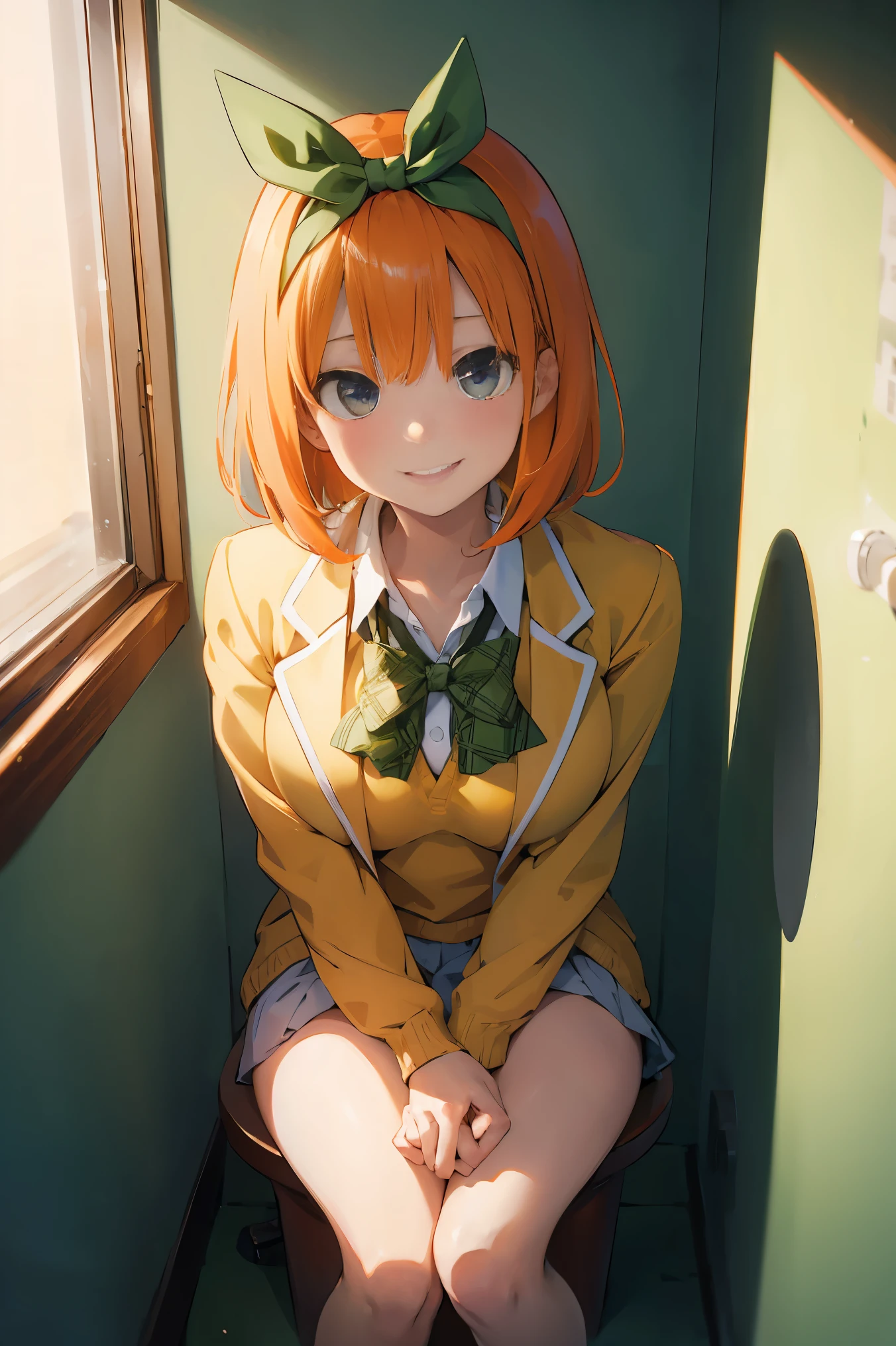 Nakano Yotsuba(The Bride of Fifths)、1girl, ​masterpiece、top-quality、NSFW, {{{pissing}}}、vagina, Orange pubic hair, {toilet room}、green hair bow, yellow sweater, black blazer,A slight smil、