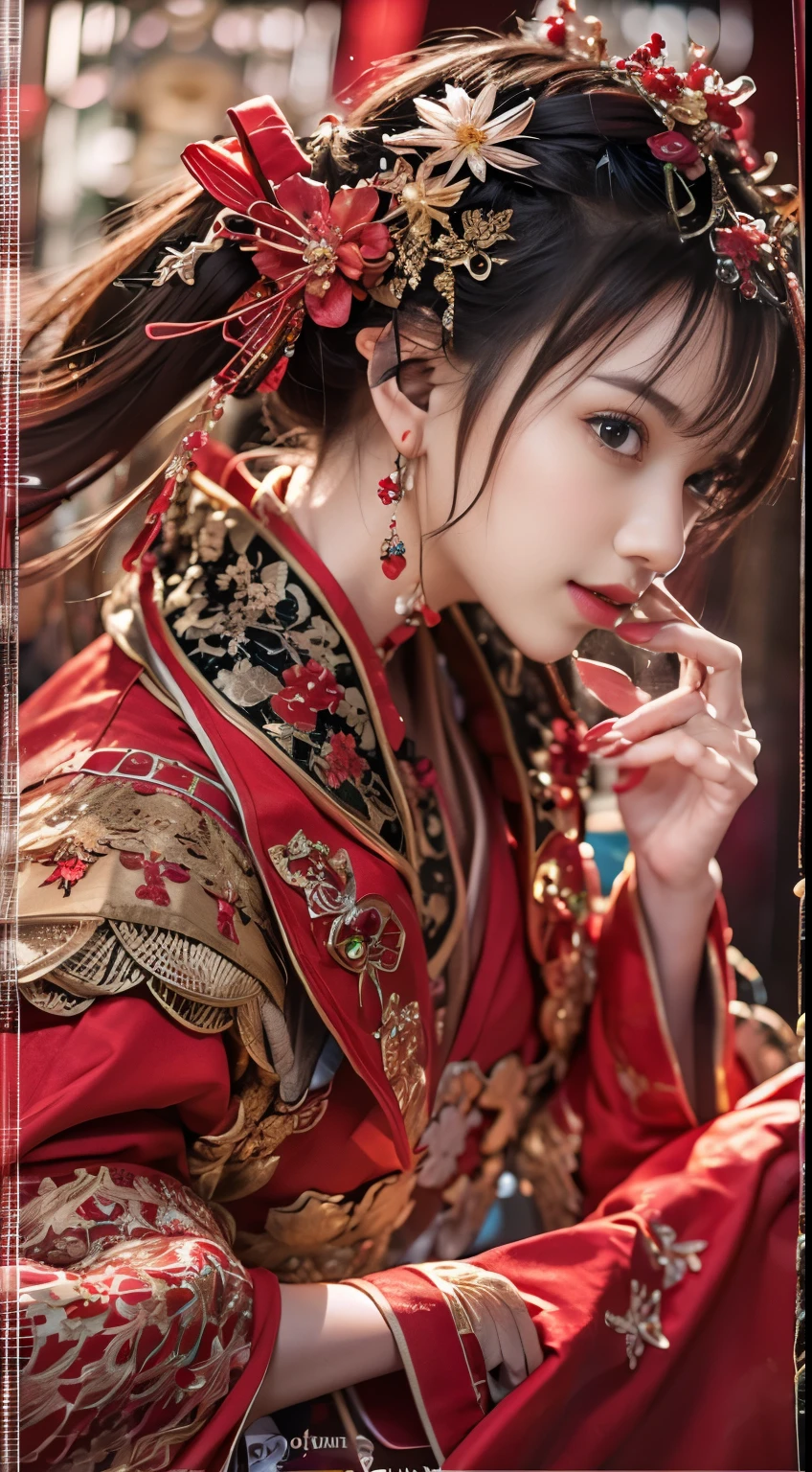 （Ultra-realistic 8K CG：1.2），perfect artwork，delicate pattern，intricate detailed，（Unbeatable masterpiece，Best Quality Best：1.2），（Extremely complex：1.2），ผู้หญิงในชุดสีredและสีทอง，Phoenix Crown，ติดhair，（นั่งบนเตียงสีred），แต่งหน้าสีredบนใบหน้า，Be shy.，black_hair，looking down，cosmetic points），（เทียนสีred 2 เล่ม），china_clothes，curtain，耳Nipple Ring，hair_decorate，hanfu，Inside the room， Jewelry，เล็บred，long_sleeves，สีred，Red Lip，tassels，（ผ้านวมสีred），（พระราชวังred：1.2），（china Ancient Architecture），（red：1.8），nighttime，perfect hands