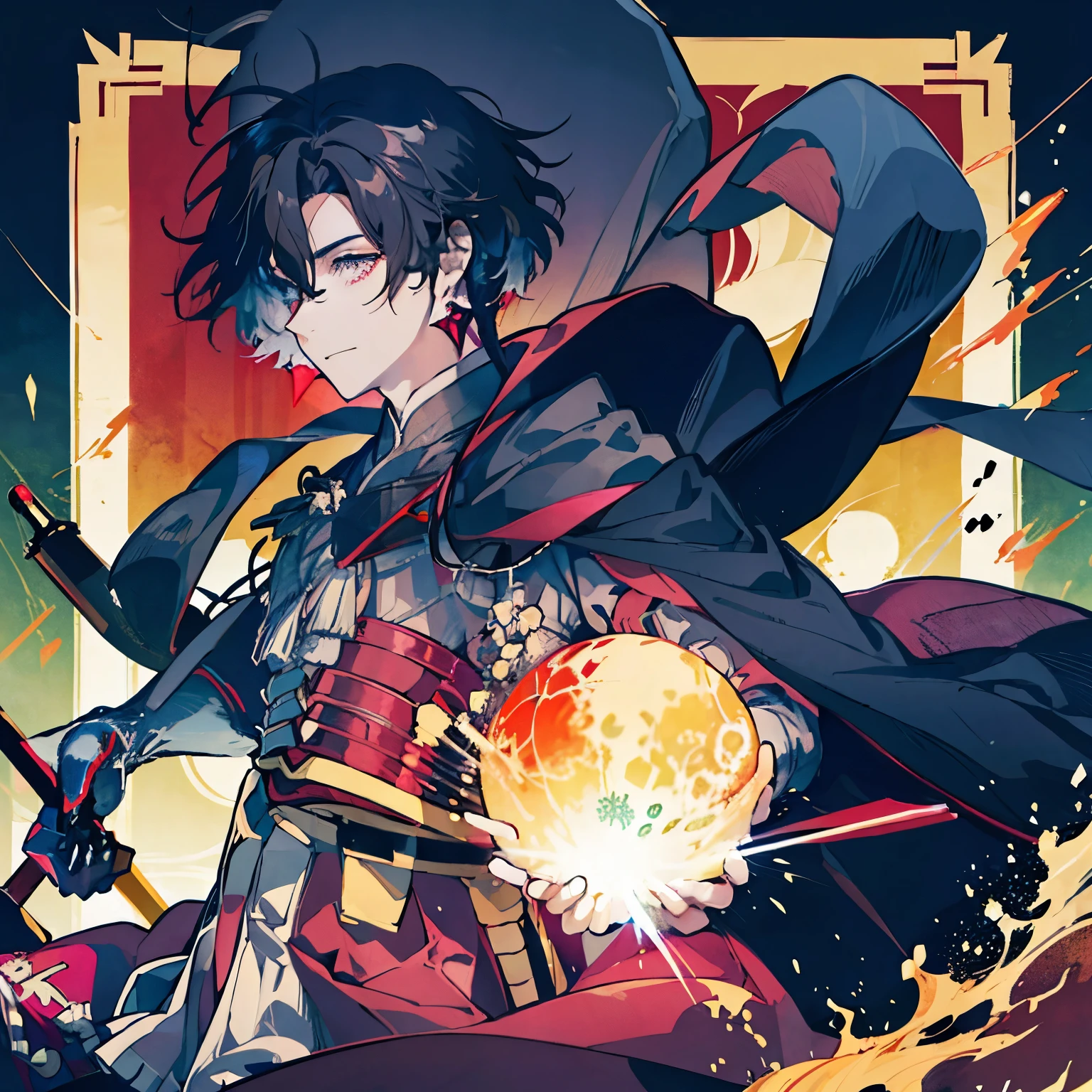 Anime character wearing a kimono costume in front of a building, ((wearing aristocrat robe)), male people、a handsome man,Best Quality、masutepiece、 in a kimono, wearing a haori, inspired by Masanobu Okumura, hijikata toushirou, in a kimono, jpn,Red earrings、 wearing black robe、Taisho Era、Taisho Modern、Byzantines、rome