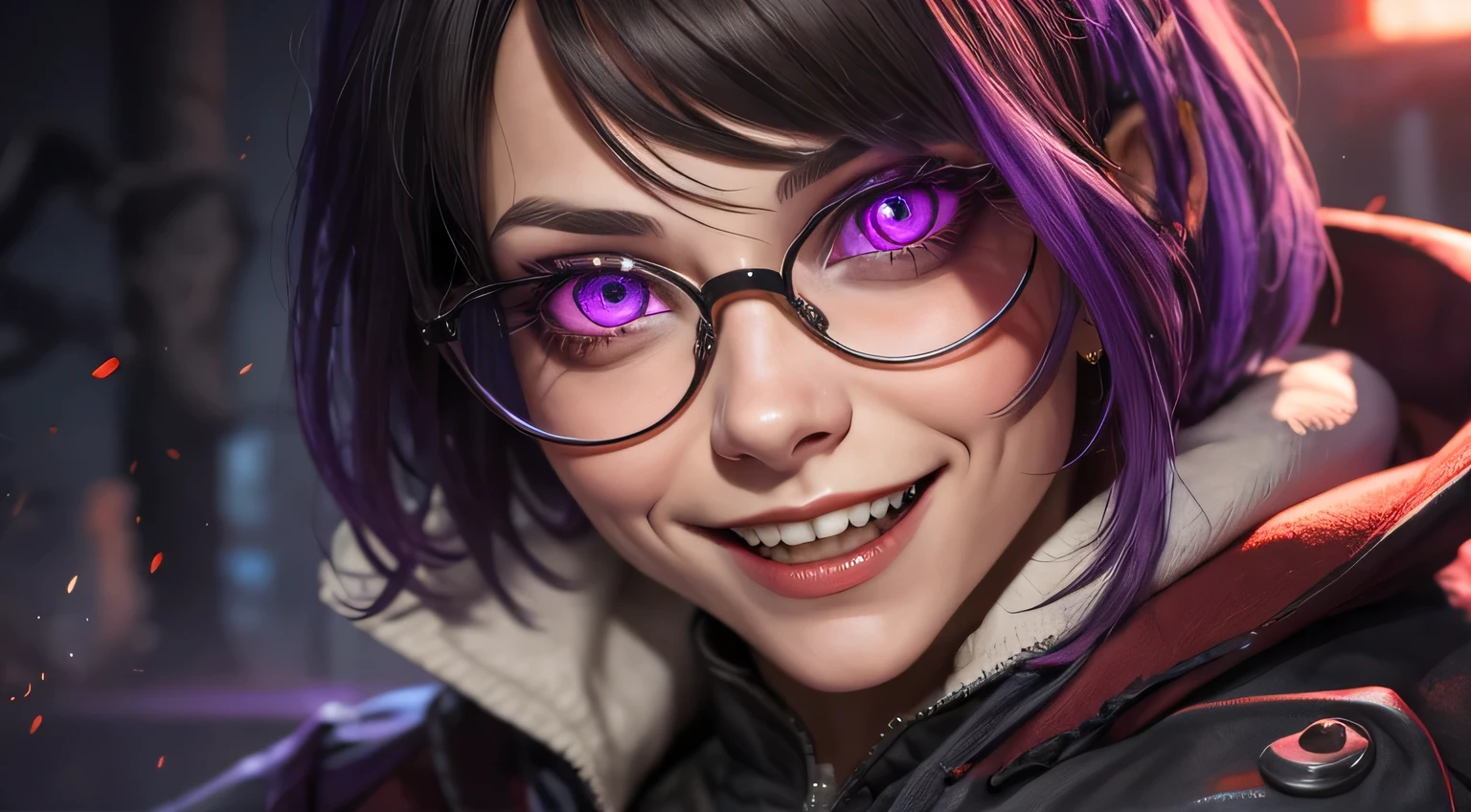 young woman with dark hair and glowing purple eyes wearing glasses, and a creepy smile Dark fantasy, Dark horror, Ultra Detailed
