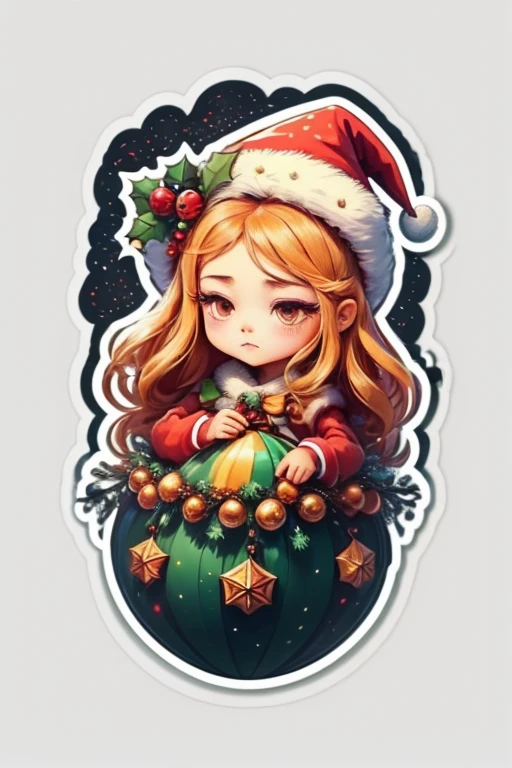 Sticker design, christmas Sticker, 1girl, Christmas hat, by Chen Dingbo, enhance, intricate, (masterpiece, Representative work, official art, Professional, unity 8k wallpaper:1.3)