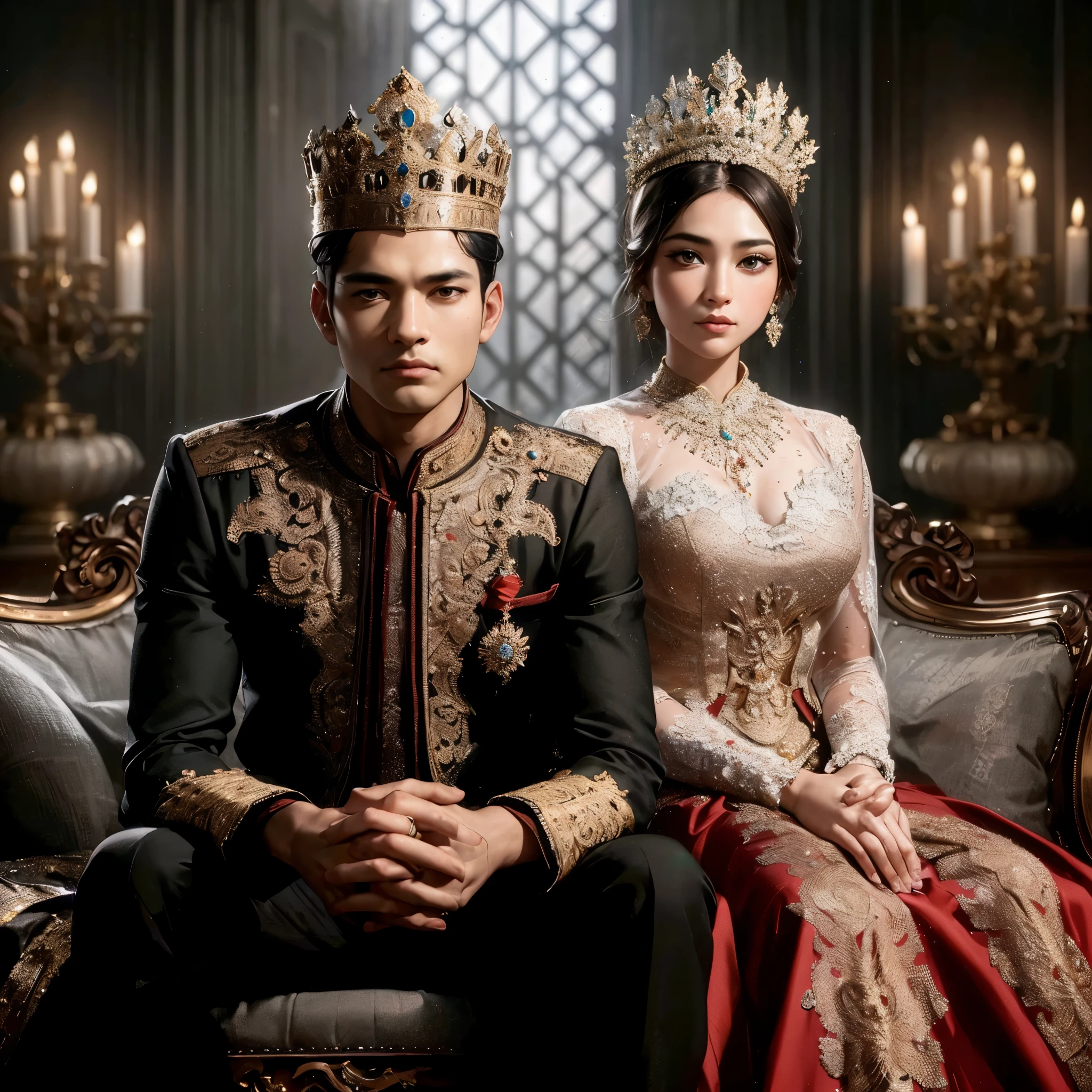 a close up of a man and a woman sitting on a couch, royal portrait, royal elegant pose, royal attire, royal style, seated in royal ease, imperial royal elegant clothing, royal dress, royal portrait painting, bejewelled and encrusted royalty, royal gown, majesty in noble clothes, coronation, monarchy, royality, fanart, futuristic royalty, royal wedding, masterpiece, best quality:1.2),,(8k,highres,RAW photo,realistic,photo-realistic:1.3),(detailed skin texture,detailed cloth texture,beautiful detailed face:1.25),professional lighting,photon mapping,beautiful soft light,radiosity,physically-based rendering,raytracing, model shoot style, model shoot style, (extremely detailed CG unity 8k wallpaper), full shot body photo of the most beautiful artwork in the world,