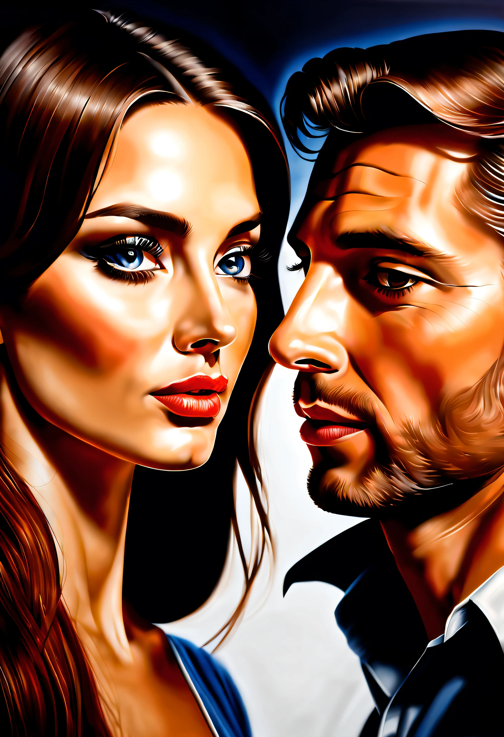 beautiful woman and man, Emotions, acrylic, A hyper-realistic, expressive eyes, back light, nice meeting