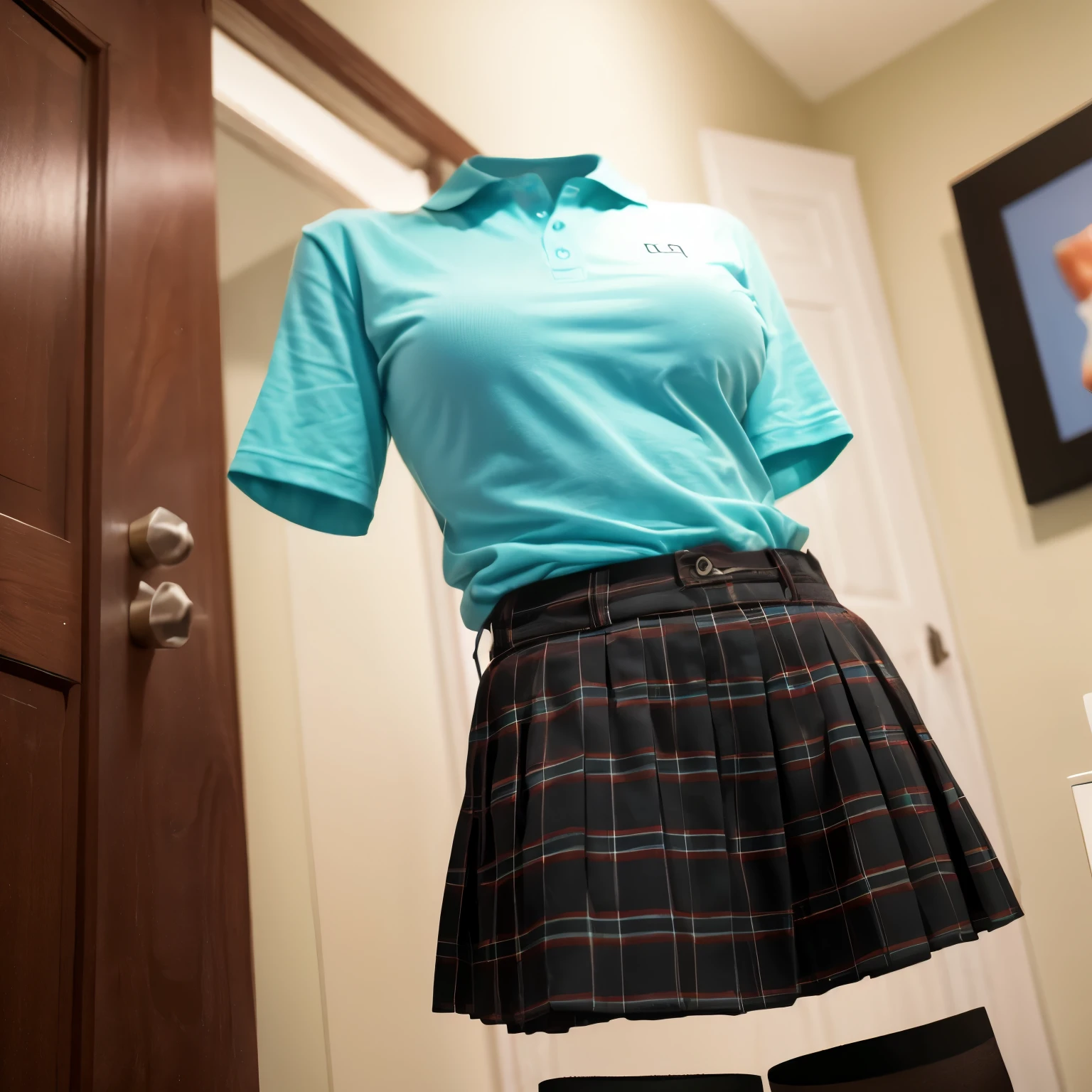 chubby, fat, (school uniform on hanger), (on hanger), polo shirt, plaid skirt, in closet, (invisible, no humans, headless, faceless:1.5), (close-up to breasts), (cute big breasts), (8k, RAW photo, best quality, masterpiece, high resolution, extremely detailed CG:1.2), (realistic, photo-realistic:1.37), photon mapping, radiosity, ((Hasselblad photography)), physically-based rendering