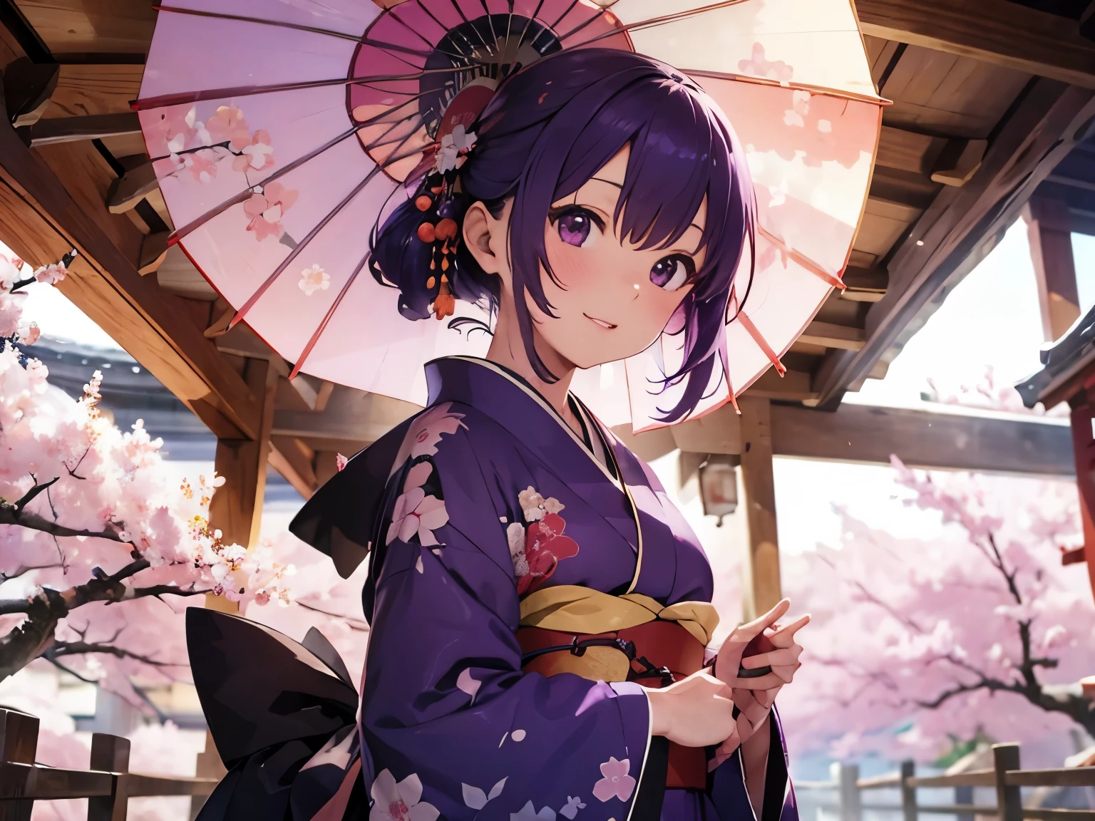 hight resolution　woman wearing the kimono　purple color  hair　face perfect　Perfect lips　Laughing　traditional Japanese room　Holding an umbrella　cherry trees