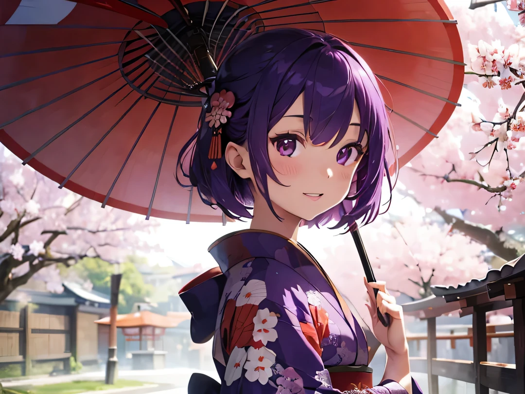 hight resolution woman wearing the kimono purple color hair face perfect Perfect lips Laughing traditional Japanese room Holding an umbrella cherry trees