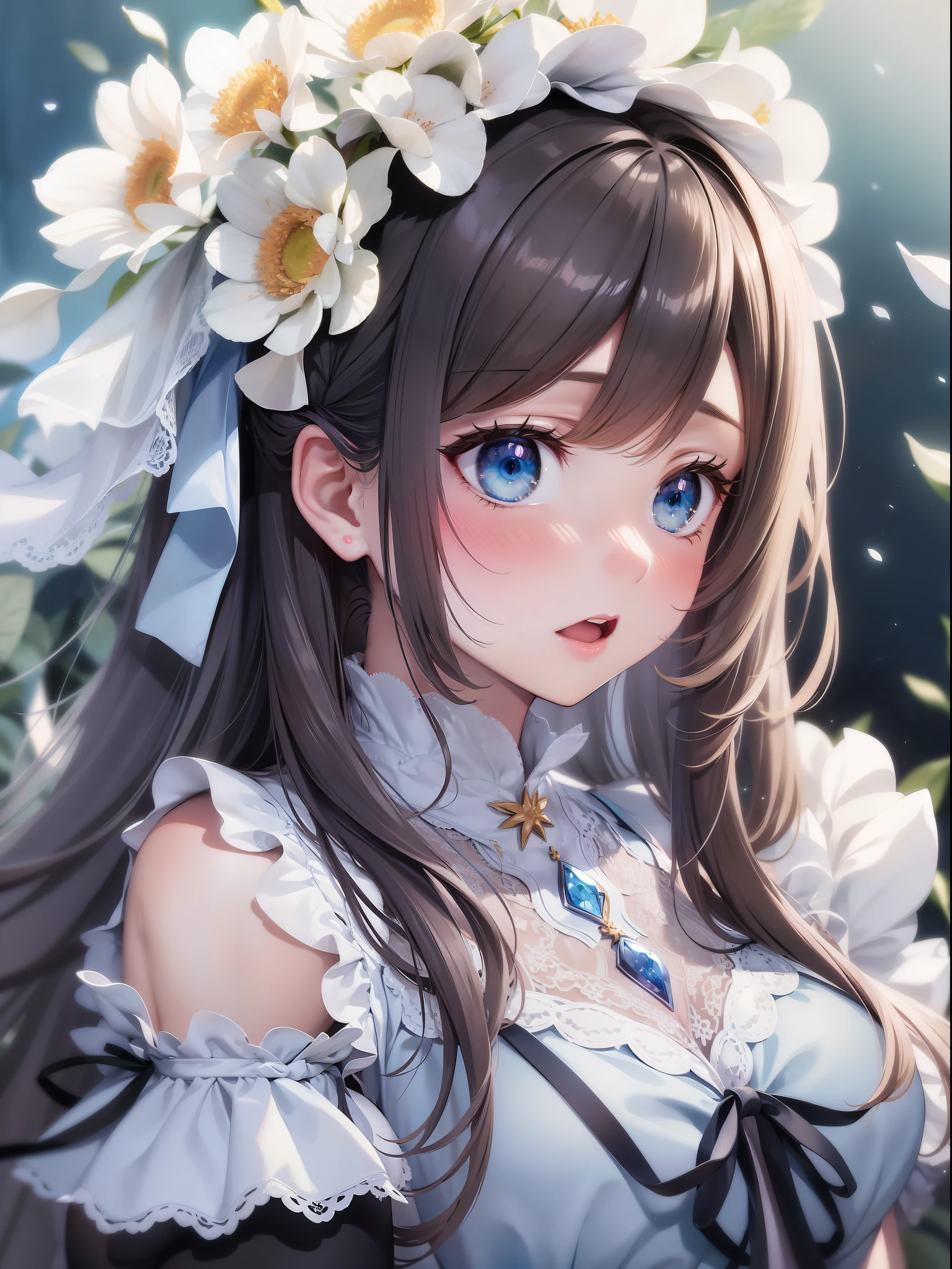 tmasterpiece, Best quality at best, ultra - detailed, illustratio, 1个Giant Breast Girl, Alone, closeup cleavage, ((astonishment)), blue_The eye, avaeak, Be red in the face, eyebrows very_Visible_passing_the hair, long_the hair, the hair_ribbons, ribbons, decor, Lace, The white_a skirt, cute big breasts, The soft_shadowing, aquarelle, pastels_colours, florals, florals瓣, bokeh
