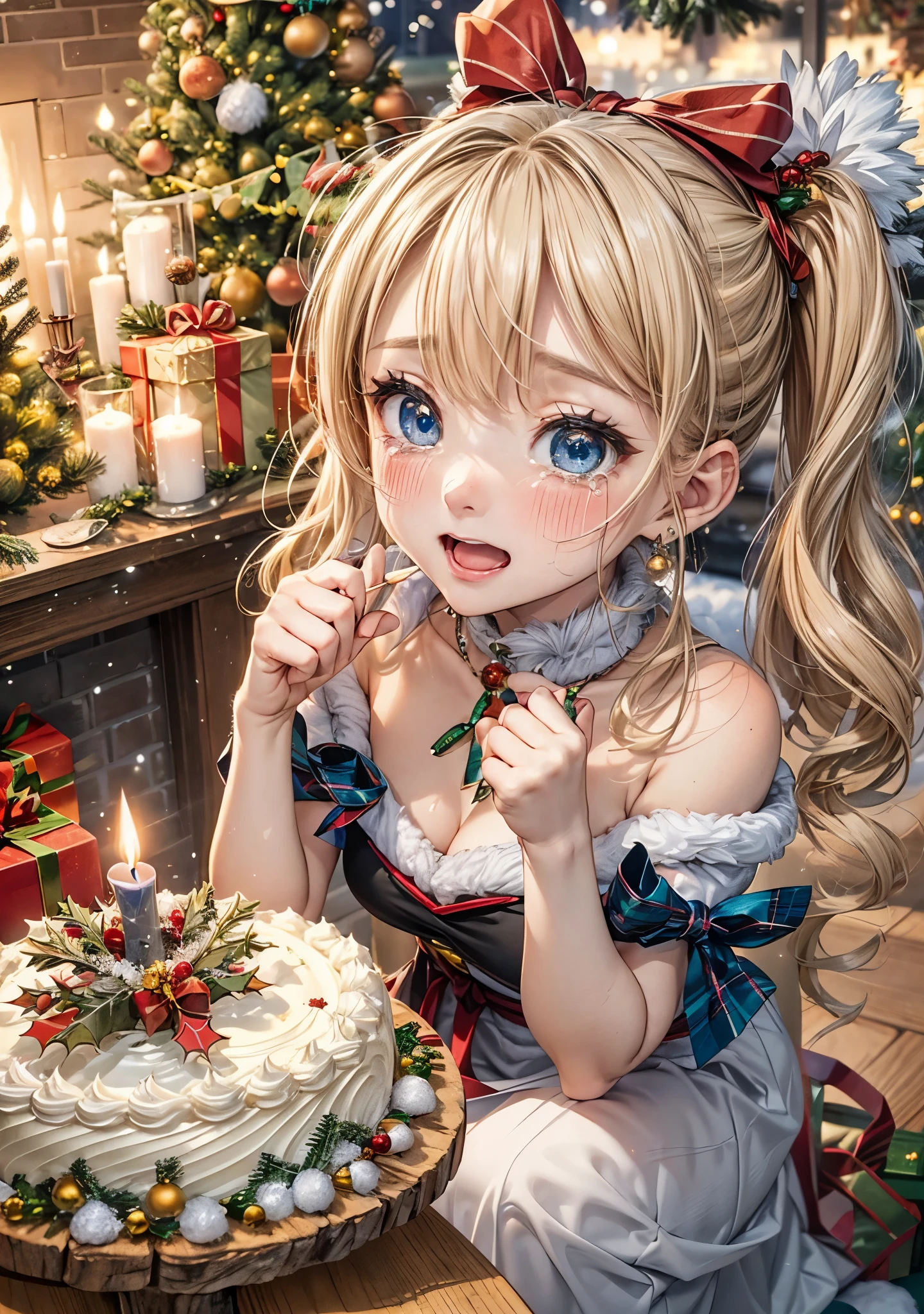 absurderes, ultra-detailliert,bright colour, Short hair,(Blonde hair with fluffy short twintails:1.2)Shiny hair,(celebration cake:1.3),(Large bouquet:1.4),(Crying with joy:1.3),(Christmas tree:1.3),(Christmas Decorations:1.3),Delicate beautiful face, red blush、(Deep Blue Eyes:1.3), White skin, hair clips, earrings, a necklace,There'What I really want for Christmas this year,bright red, Not a diamond wrapped in a bong,you gave me the most important thing,In front of the fir tree and fireplace,Small cakes,Light a candle,Merry Christmas spent just the two of us,before I met you, I swore I would never fall in love again.,The feeling of believing will someday be covered with a black core,Santa Claus in a dream,I pray to God,Please give me someone more important than glitter,So that I can always overcome deep sadness with you.,Light a candle2人だけで祈るMerry Christmas,