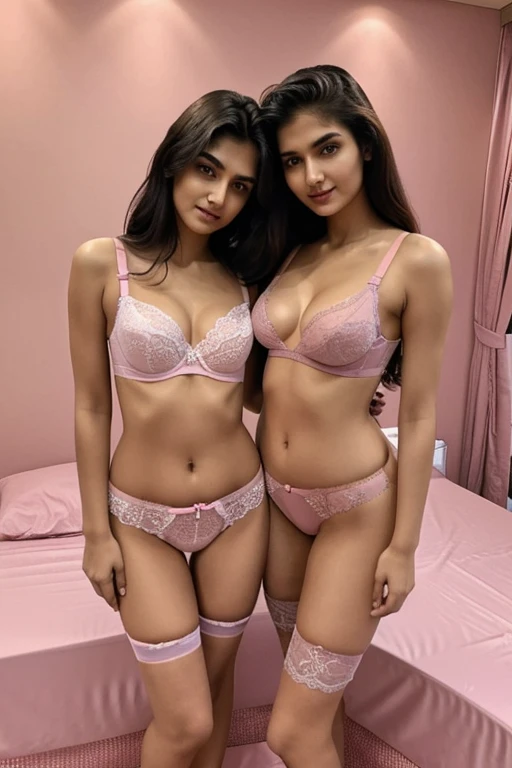 two extreme hot sisters , one is older and little taller than younger sister ,both on hot big boobs and tight thighs one on voilet lingerie and one on pink lingerie , old sister sat on bed and younger standing near bed , younger sister is in bad mood , extreme realism , reality, indian style mixed, loose bra