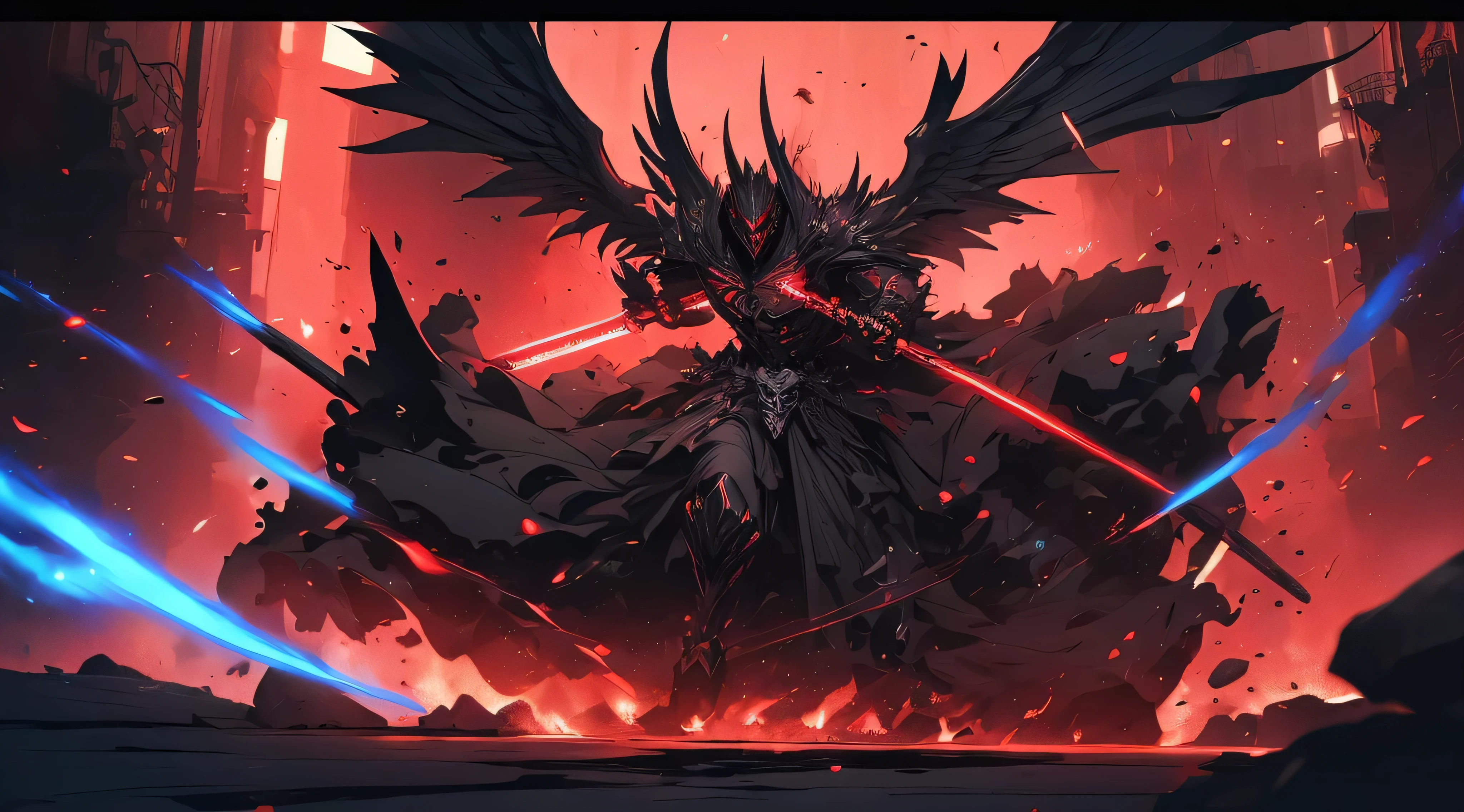 man with wings and red tattoo on left edge, Dark Black and Light Black Style, Anime Art, Ultra 32K HDTV, Strange Gothic Characters, Multi-layered dimensions, Hestercore, Dove can, combat area background