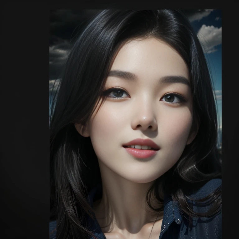 8k, high res, HQ, UHD, (photorealistic:1.4), masterpiece, hyper-realistic detailed photography of (beautiful korean girl), your_love, (kim you-jung:1.5), (wearing button blouse:1.3, long sleeve), 23 years old, (dynamic pose:1.4), (wonderful skyscape, clouds, cityview), slim fit body with a bit sweat, look at me, big boobs, sexypose, sagging breast, detailed body feature, proportional perfect body, petite posture, detailed perfect hand, good hand, clear bright skin, lustly look, symmetricaly face, perfect face feature, detailed face, Intricate detailed grey blue eyes, seductive smile, detailed perfect lips, a tiny mouth, detailed brunette hair, style with bang, perfect composition, dynamic lighting, summer atmosphere, natural blue colors, wide angle shot, seen from below, focus on face, dramatic lighting, photon mapping