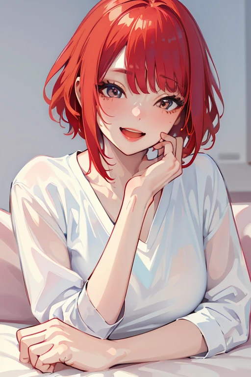 (Best quality, Masterpiece:1.2), Ultra-detailed, Pisipf, 1 girl, Musical solo, Browse the viewer, shirt, Intriguing smile, Reddening cheeks, White canvas, White short-sleeved shirt, Short hair, Simple background, bangs, Red hair, :D Lie all over the bed