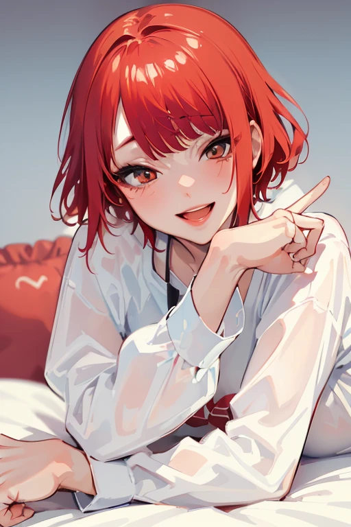 (Best quality, Masterpiece:1.2), Ultra-detailed, Pisipf, 1 girl, Musical solo, Browse the viewer, shirt, Intriguing smile, Reddening cheeks, White canvas, White short-sleeved shirt, Short hair, Simple background, bangs, Red hair, :D Lie all over the bed