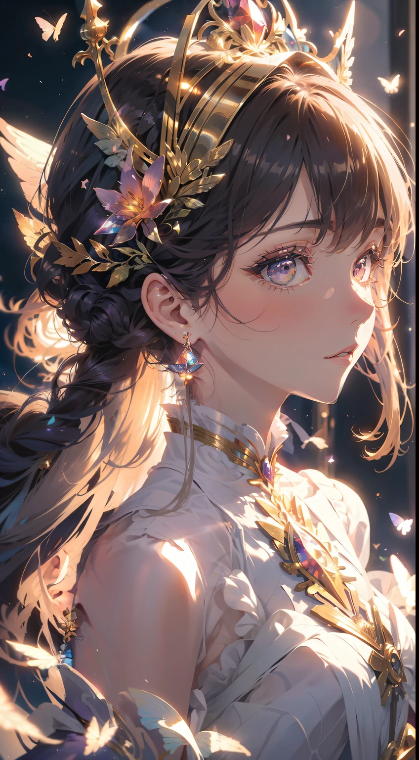 An anime girl wearing a purple skirt,butterflys,Astral Fairy,anime fantasy illustrations,Ethereal fantasy,Anime fantasy artwork,fantasy art style,ethereal essence,Faerie Priesteseautiful fantasy empress)),of ethereal fantasy,The astral body is ethereal,Beautiful fantasy anime,Amazing young ethereal figure,beautiful fantasy empress,Hyper-Resolution,Accuracy,detail render,(Delicate Face Portrayal)(Fine hair depiction)(Best quality at best)(tmasterpiece)(High degree of completion)(a sense of atmosphere)tmasterpiece,ultra - detailed(bust)style of anime