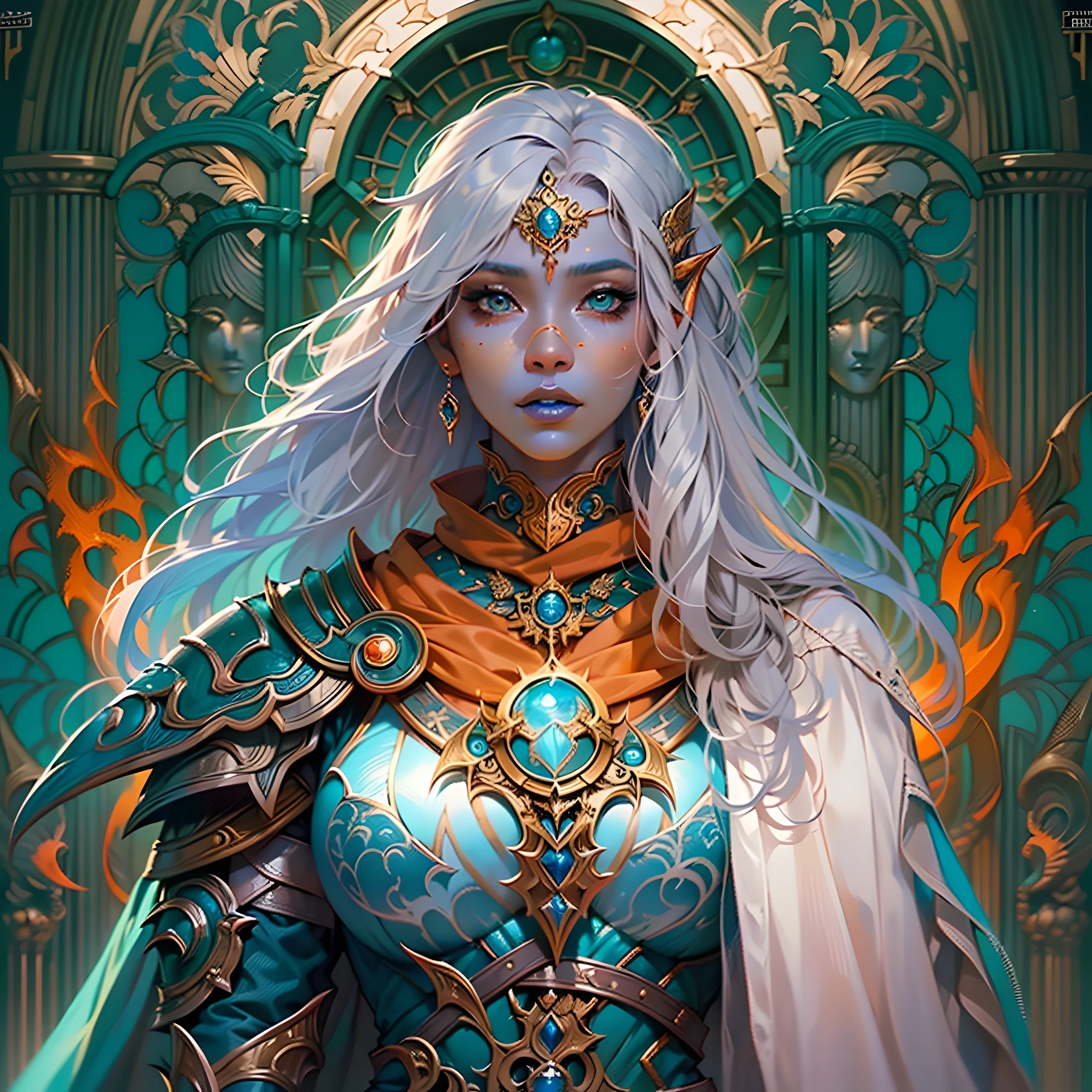 fantasy art, dnd art, RPG art, wide shot, (masterpiece: 1.4) portrait, intense details, highly detailed, photorealistic, best quality, highres, portrait a vedalken female (fantasy art, Masterpiece, best quality: 1.3) ((blue skin: 1.5)), intense details facial details, exquisite beauty, (fantasy art, Masterpiece, best quality) cleric, (blue colored skin: 1.5) 1person blue_skin, blue skinned female, (white hair: 1.3), long hair, intense green eye, fantasy art, Masterpiece, best quality) armed a fiery sword red fire, wearing heavy (white: 1.3) half plate mail armor CM-Beautiful_armor wearing high heeled laced boots, wearing an(orange :1.3) cloak, wearing glowing holy symbol GlowingRunes_yellow, within fantasy temple background, reflection light, high details, best quality, 16k, [ultra detailed], masterpiece, best quality, (extremely detailed), close up, ultra wide shot, photorealistic, RAW, fantasy art, dnd art, fantasy art, realistic art,