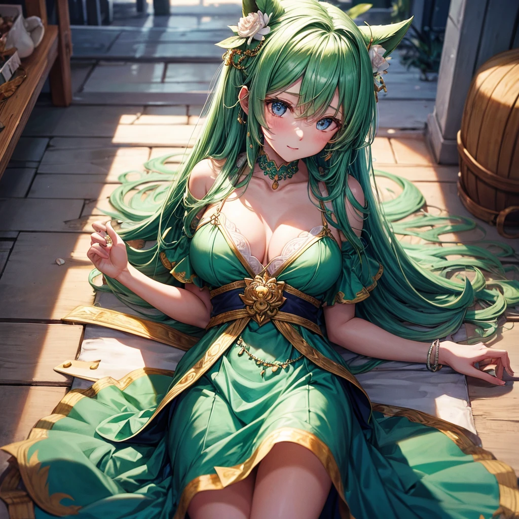 1girl in、Green hair、green white dress、jewely、see -through、see the beholder、hair adornments、a choker、full of shyness、 (​masterpiece、top-quality、top-quality、Official art、Beautifully Aesthetic:1.2)、ighly detailed、colourfull、highestdetailed、 (Colossal tits:1.2、)The upper part of the body、(frombelow)、cammel toe、skirt rift、 城市、a street、suns、云、walls、leaning、鎖骨、thighs thighs thighs thighs、(((produce jewelry))), Ayleid of Veld, Veld s eyes have legs, Lying on your back,