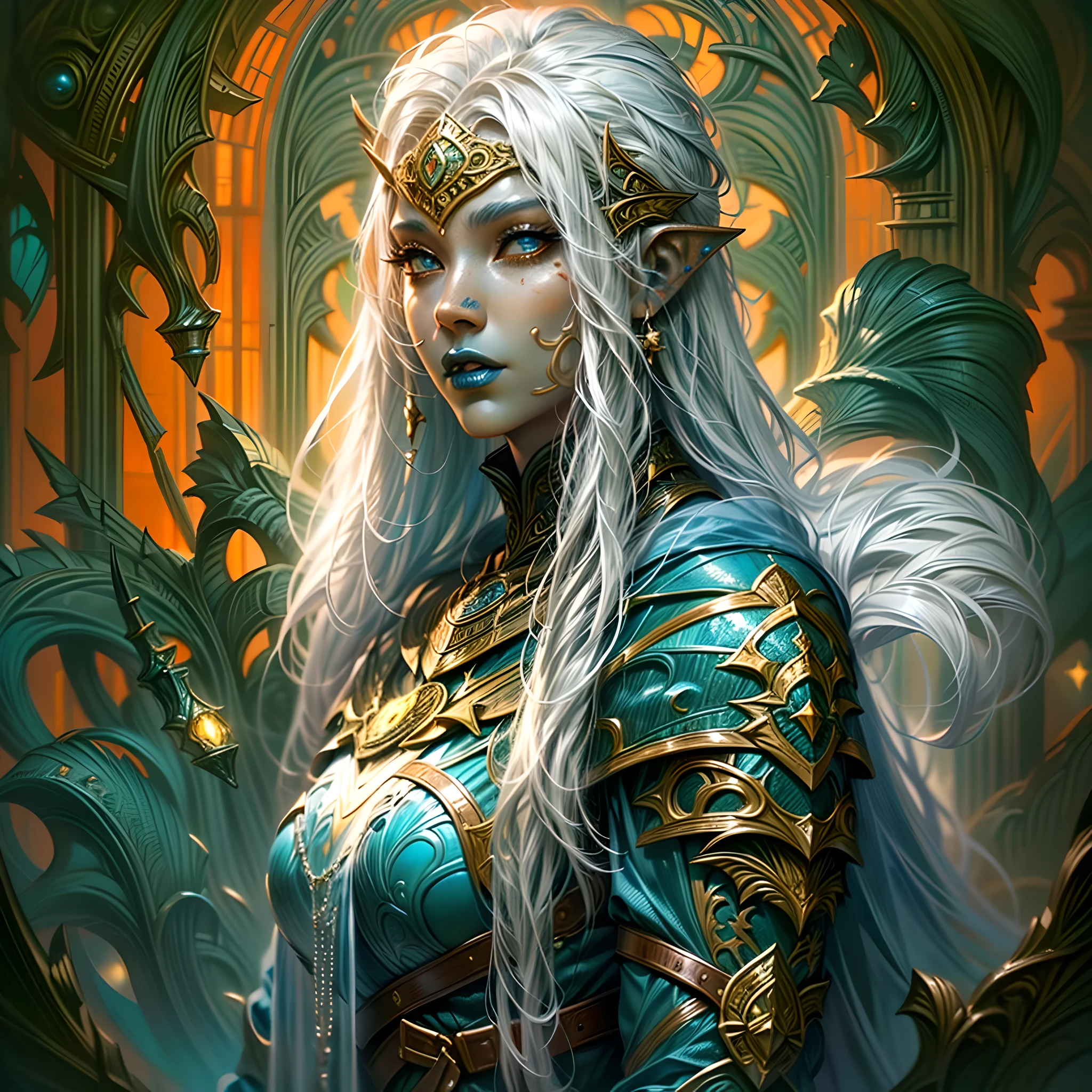 fantasy art, dnd art, RPG art, wide shot, (masterpiece: 1.4) portrait, intense details, highly detailed, photorealistic, best quality, highres, portrait a vedalken female (fantasy art, Masterpiece, best quality: 1.3) ((blue skin: 1.5)), intense details facial details, exquisite beauty, (fantasy art, Masterpiece, best quality) cleric, (blue colored skin: 1.5) 1person blue_skin, blue skinned female, (white hair: 1.3), long hair, intense green eye, fantasy art, Masterpiece, best quality) armed a fiery sword red fire, wearing heavy (white: 1.3) half plate mail armor CM-Beautiful_armor wearing high heeled laced boots, wearing an(orange :1.3) cloak, wearing glowing holy symbol GlowingRunes_yellow, within fantasy temple background, reflection light, high details, best quality, 16k, [ultra detailed], masterpiece, best quality, (extremely detailed), close up, ultra wide shot, photorealistic, RAW, fantasy art, dnd art, fantasy art, realistic art,