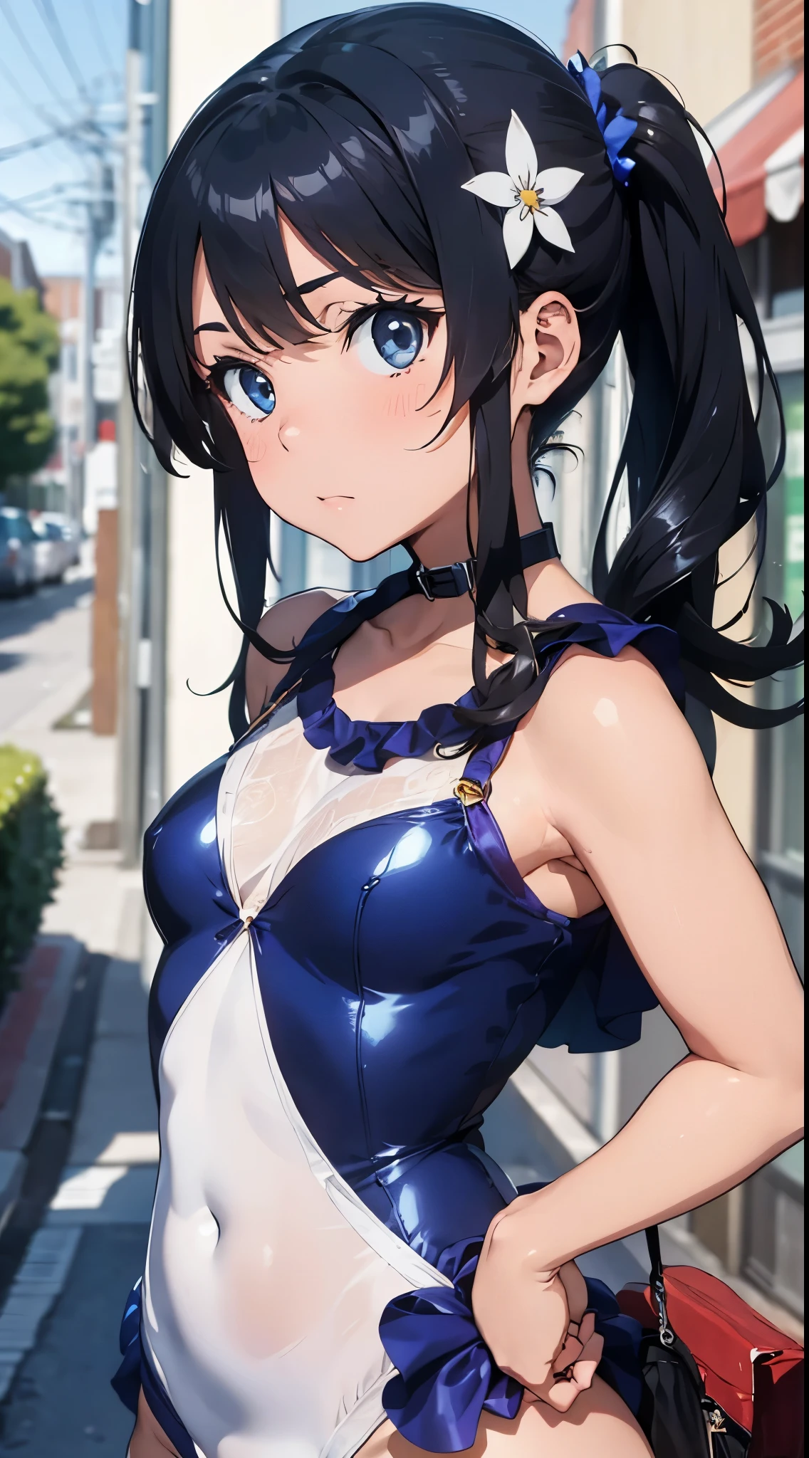 1womanl,Black hair,12year old ,((Impatient expression)),Beautiful breasts,(((Sexy magical girl white and blue shiny bodysuit)))(())(((Blushing cheeks、Surprised look)),(((Satin Narico))),((( portlate))),we have blue eyelashes)))()Street,Crowds(magical girl hair ornament)