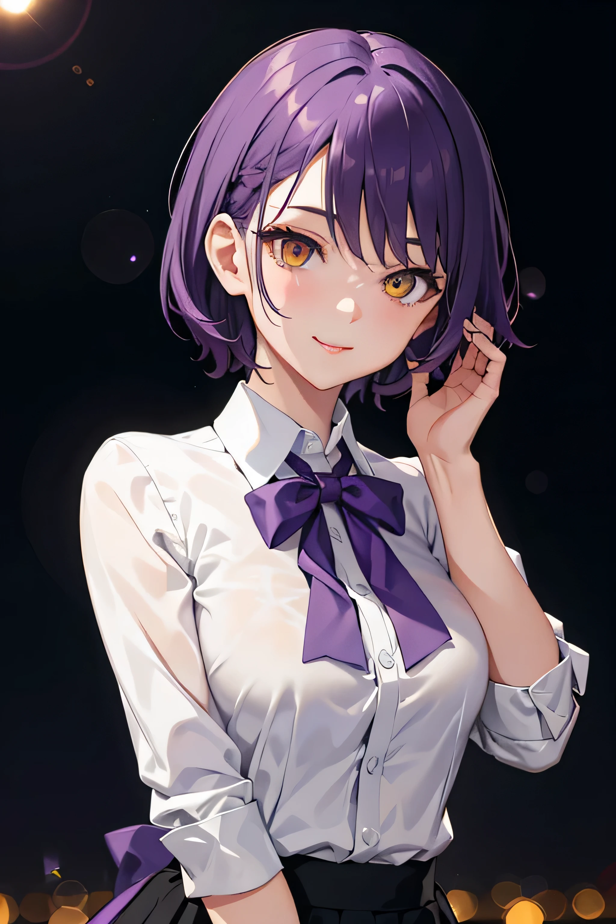 masterpiece, best quality, short hair, purple hair, close-up, yellow eyes, smile, medium breasts, purple bowtie, white shirt, night, bokeh, outdoors,